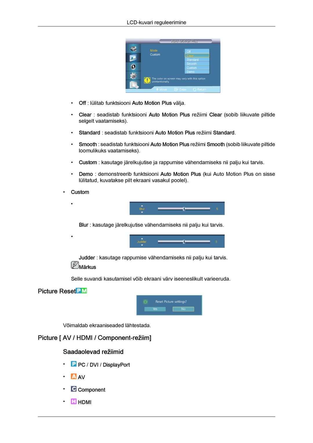 Samsung LH55CSPLBC/EN manual Picture Reset, Picture AV / Hdmi / Component-režiim Saadaolevad režiimid 