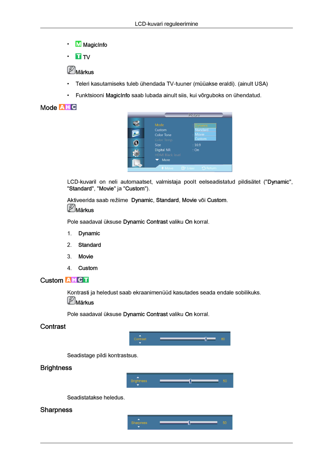 Samsung LH55CSPLBC/EN manual Contrast, Brightness, Sharpness, Dynamic Standard Movie Custom 