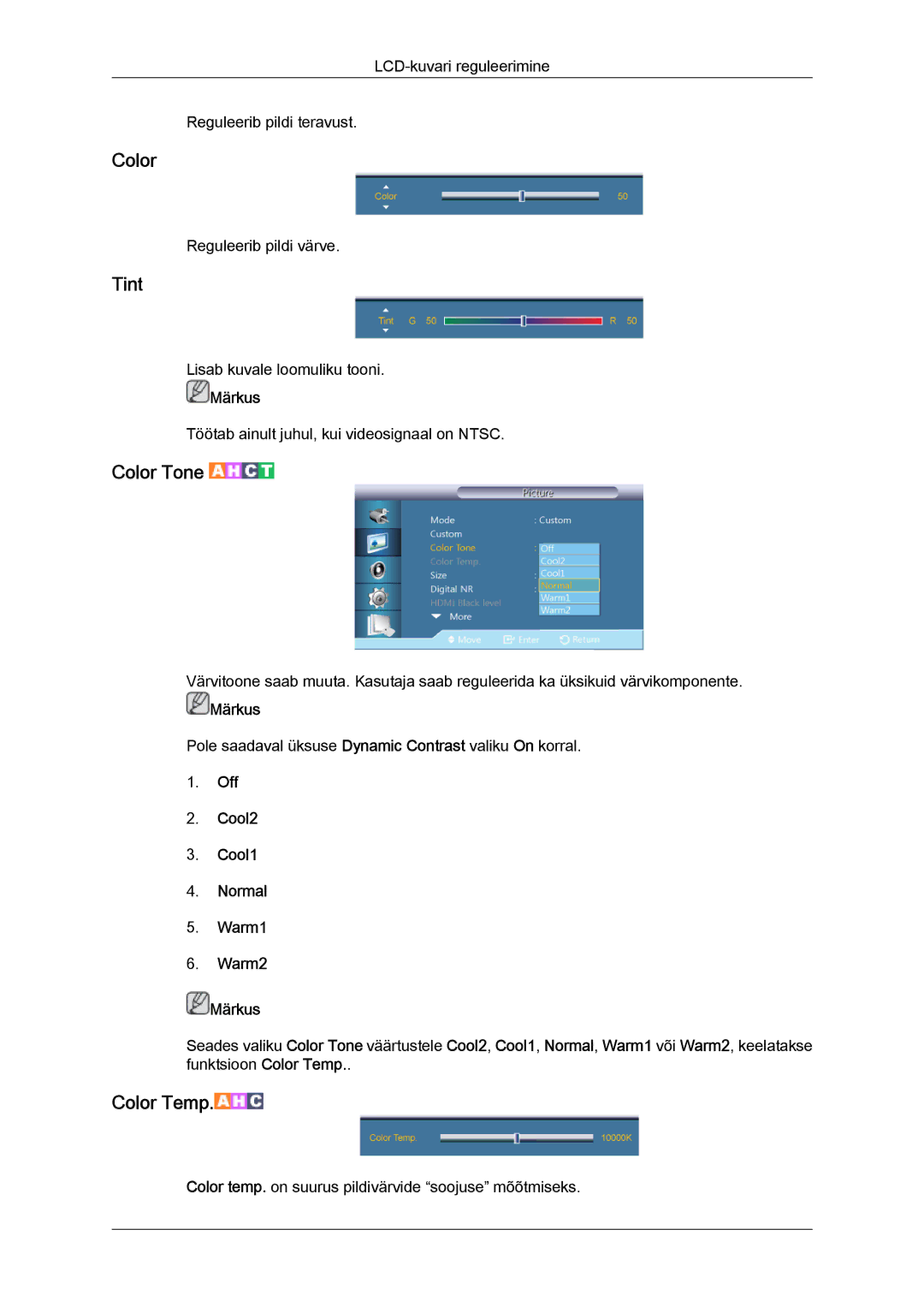 Samsung LH55CSPLBC/EN manual Color, Tint, Off Cool2 Cool1 Normal Warm1 Warm2 Märkus 