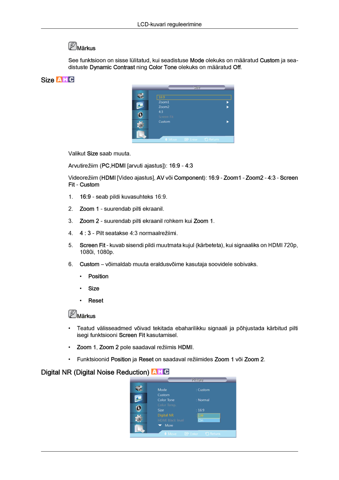 Samsung LH55CSPLBC/EN manual Digital NR Digital Noise Reduction, Position Size Reset Märkus 