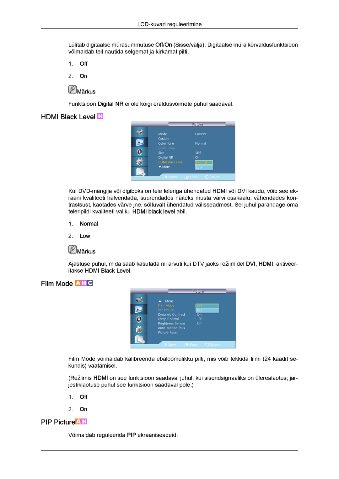 Samsung LH55CSPLBC/EN manual Hdmi Black Level, Film Mode, Normal Low Märkus 