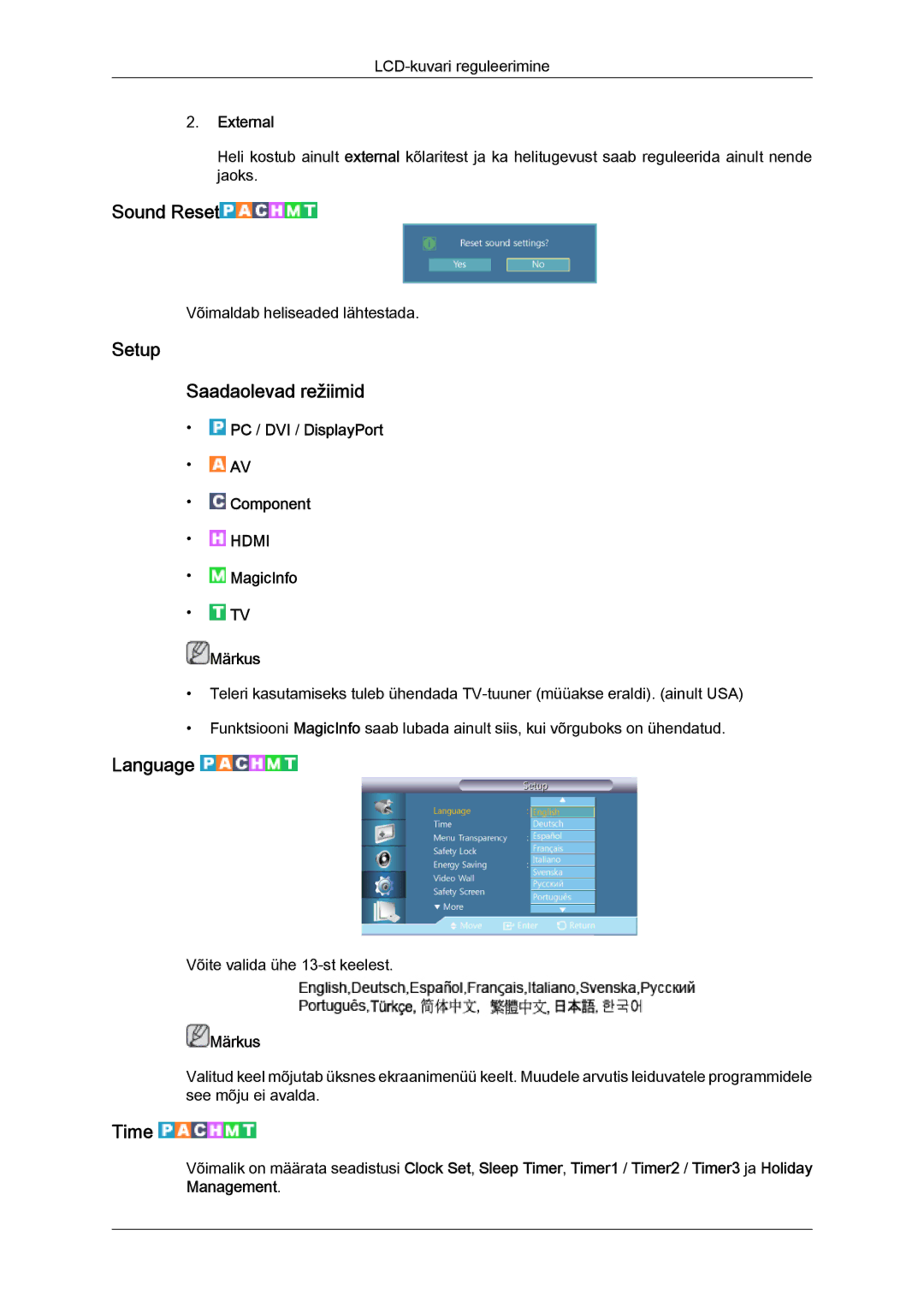 Samsung LH55CSPLBC/EN manual Sound Reset, Setup Saadaolevad režiimid, Language, Time, External 