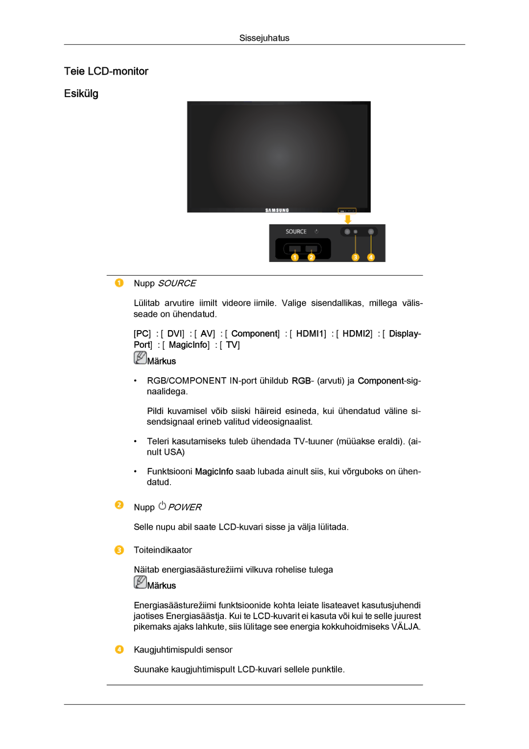 Samsung LH55CSPLBC/EN manual Teie LCD-monitor Esikülg, Nupp Source 