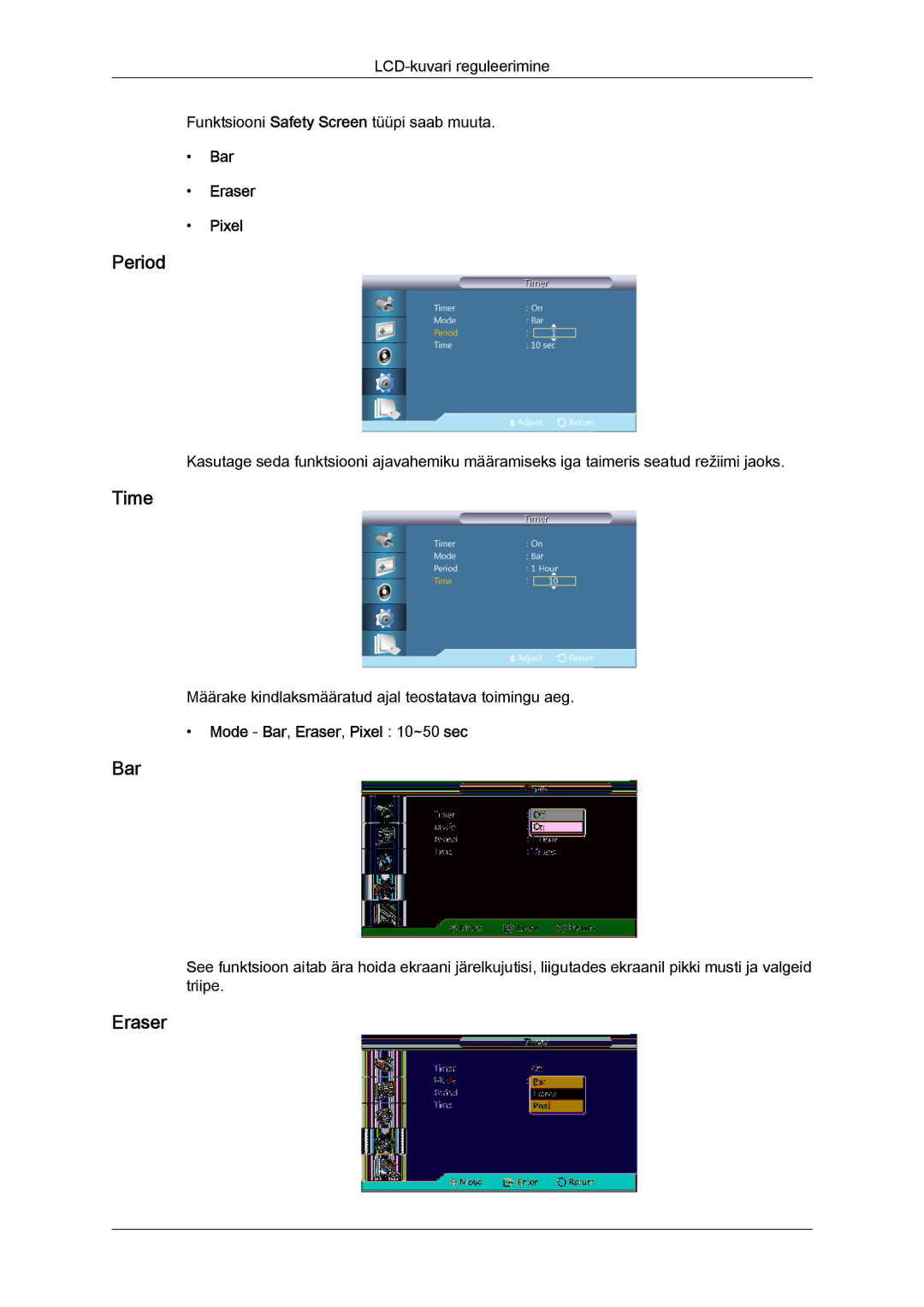 Samsung LH55CSPLBC/EN manual Period, Bar Eraser Pixel, Mode Bar, Eraser, Pixel 10~50 sec 