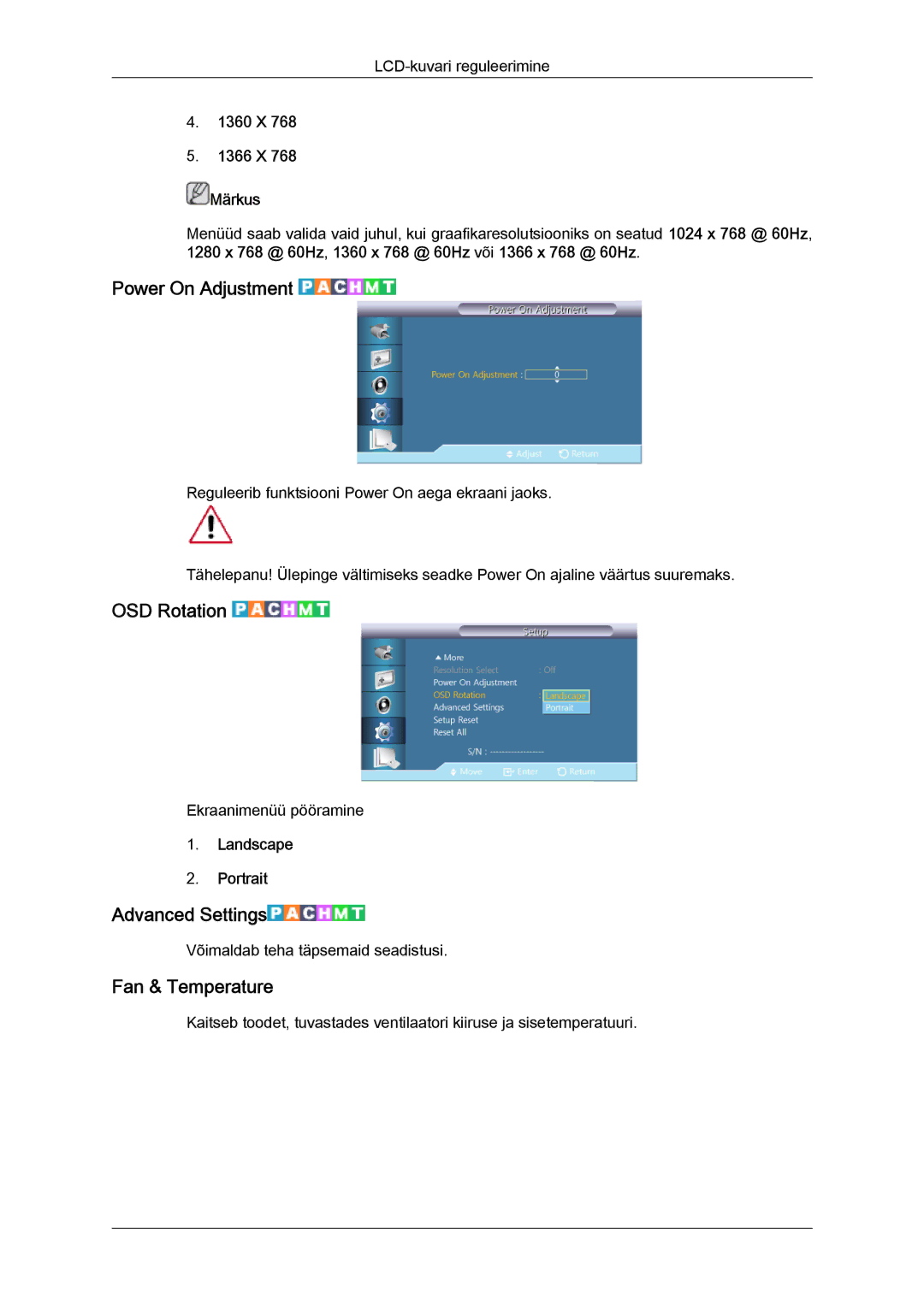 Samsung LH55CSPLBC/EN manual Power On Adjustment, OSD Rotation, Advanced Settings, Fan & Temperature 