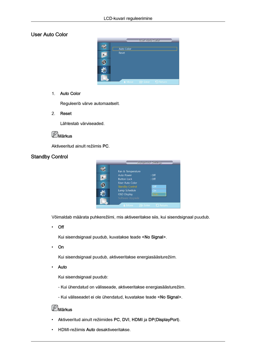 Samsung LH55CSPLBC/EN manual User Auto Color, Standby Control 