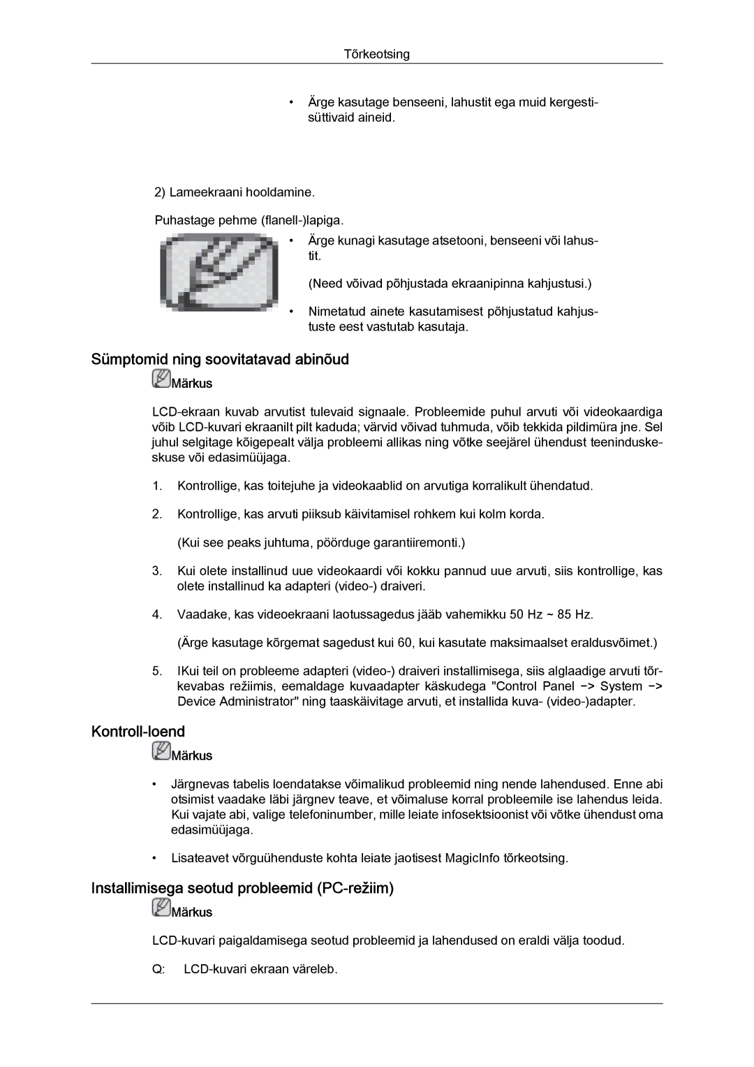 Samsung LH55CSPLBC/EN Sümptomid ning soovitatavad abinõud, Kontroll-loend, Installimisega seotud probleemid PC-režiim 