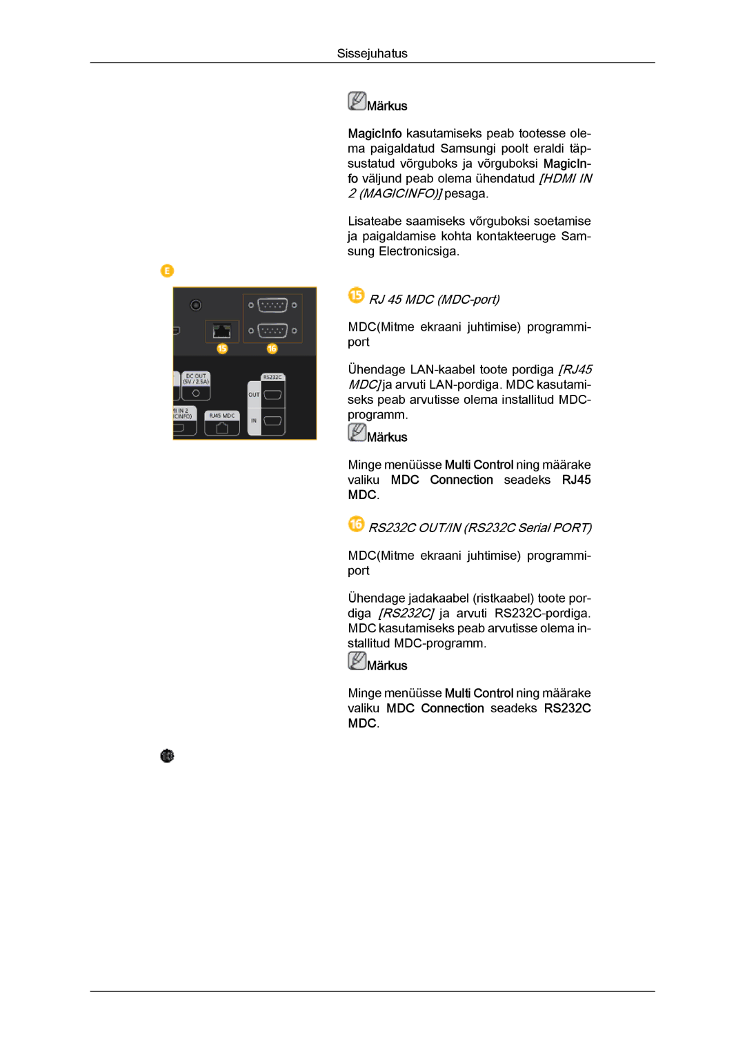 Samsung LH55CSPLBC/EN manual RJ 45 MDC MDC-port 