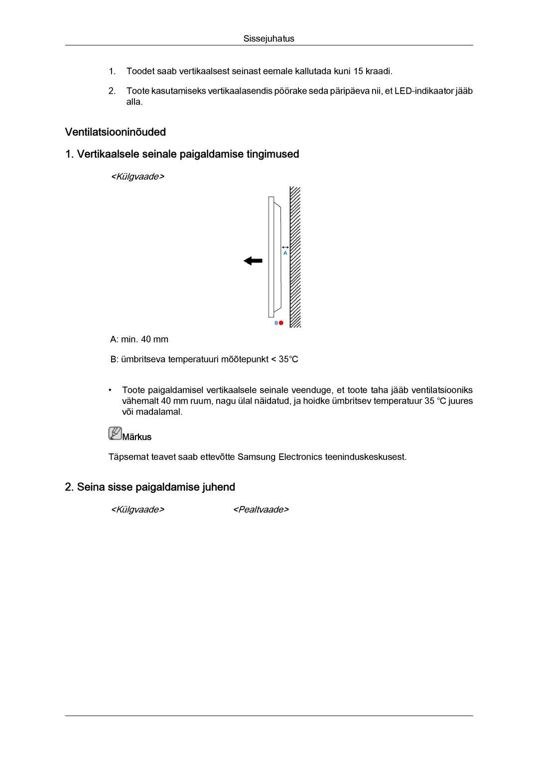 Samsung LH55CSPLBC/EN manual Seina sisse paigaldamise juhend, Külgvaade 