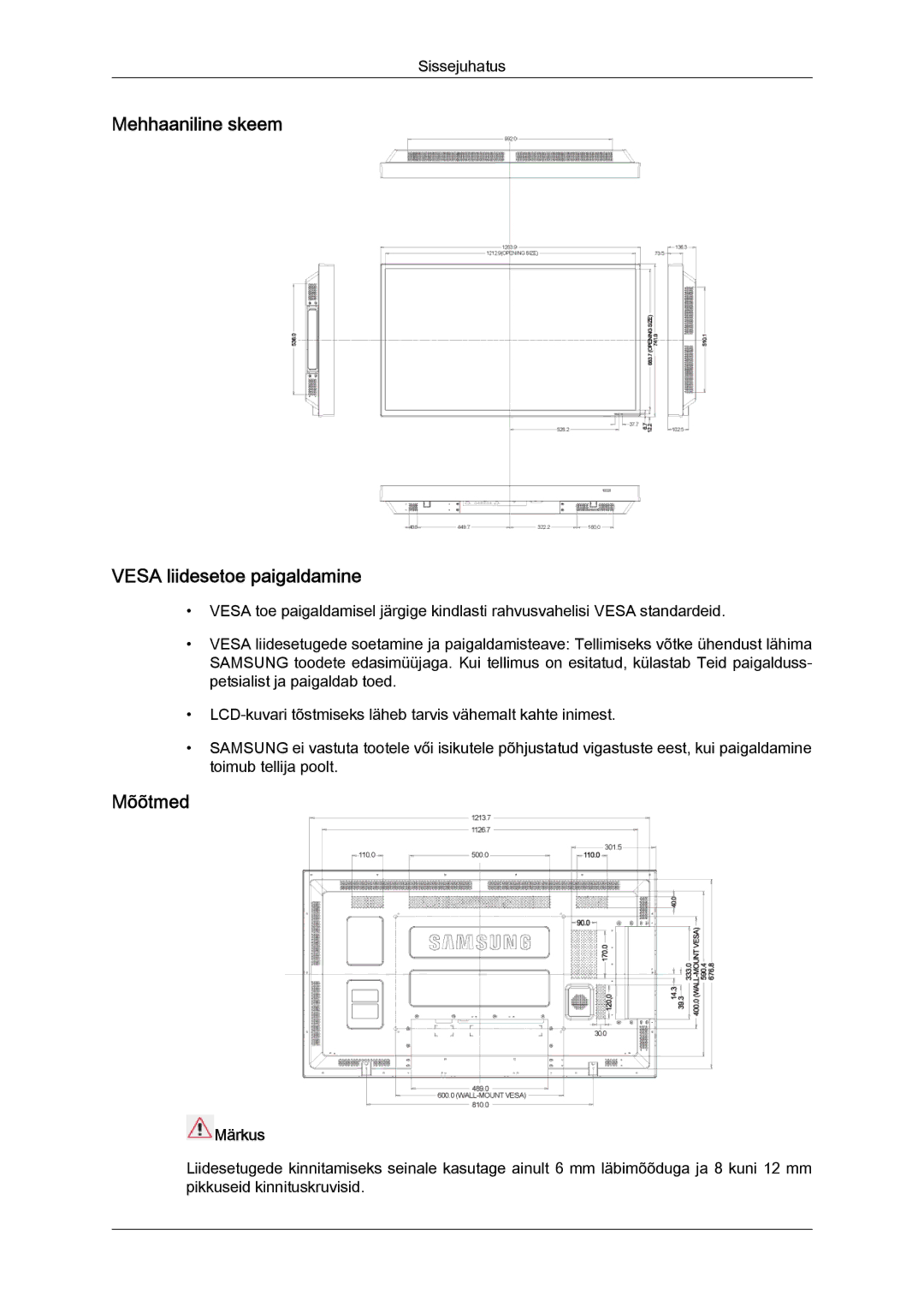 Samsung LH55CSPLBC/EN manual Mehhaaniline skeem Vesa liidesetoe paigaldamine, Mõõtmed 