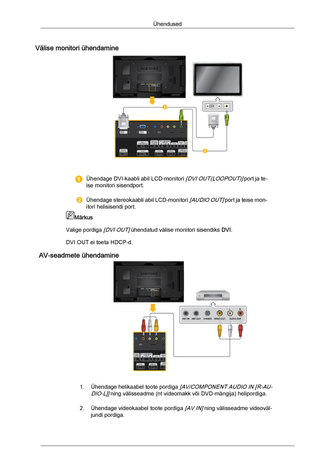 Samsung LH55CSPLBC/EN manual Välise monitori ühendamine, AV-seadmete ühendamine 