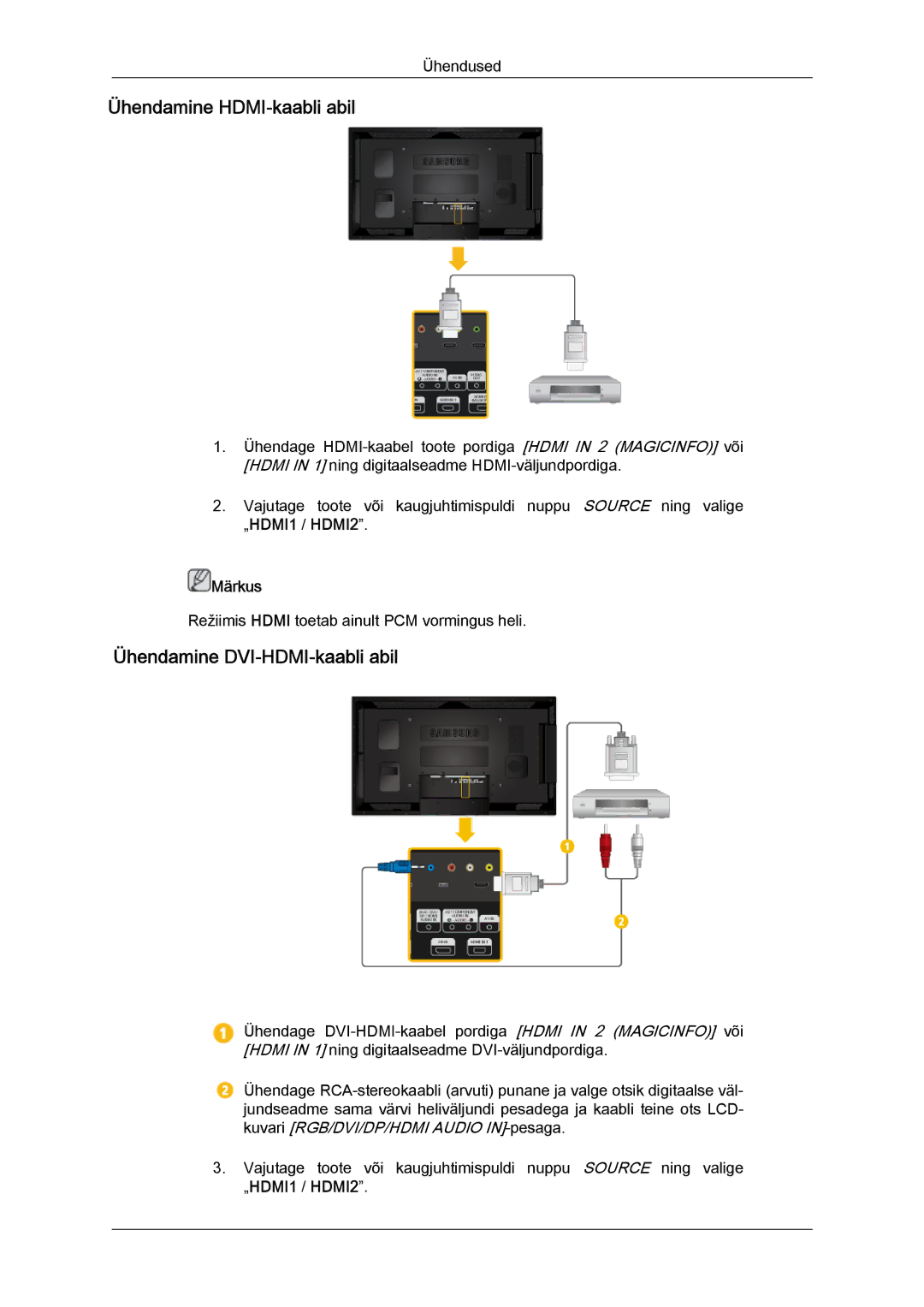 Samsung LH55CSPLBC/EN manual Ühendamine HDMI-kaabli abil, Ühendamine DVI-HDMI-kaabli abil 