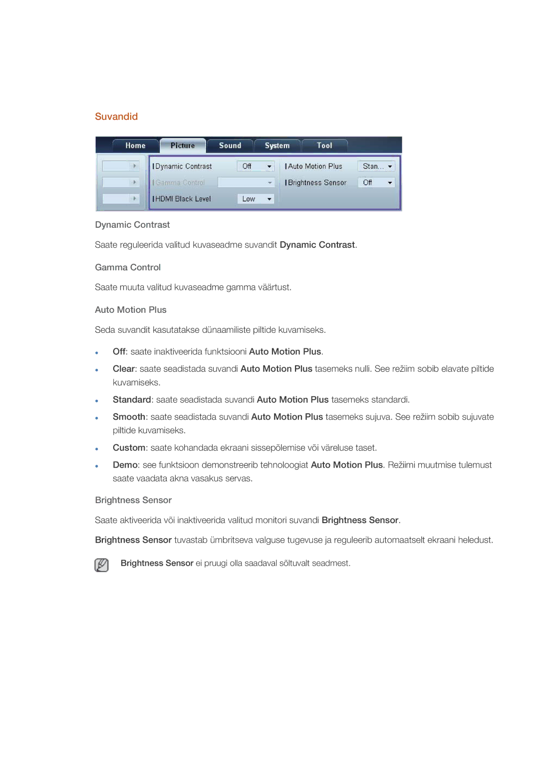Samsung LH55CSPLBC/EN manual Suvandid, Dynamic Contrast, Gamma Control, Auto Motion Plus, Brightness Sensor 