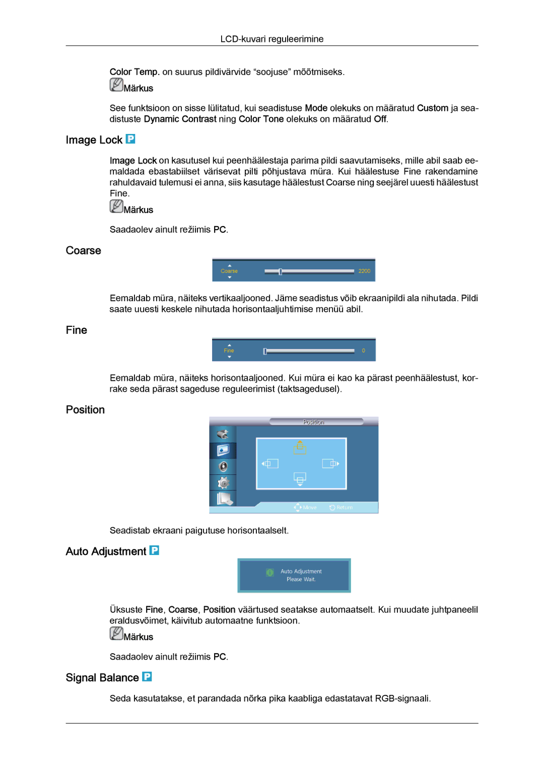 Samsung LH55CSPLBC/EN manual Image Lock, Coarse, Fine, Auto Adjustment, Signal Balance 