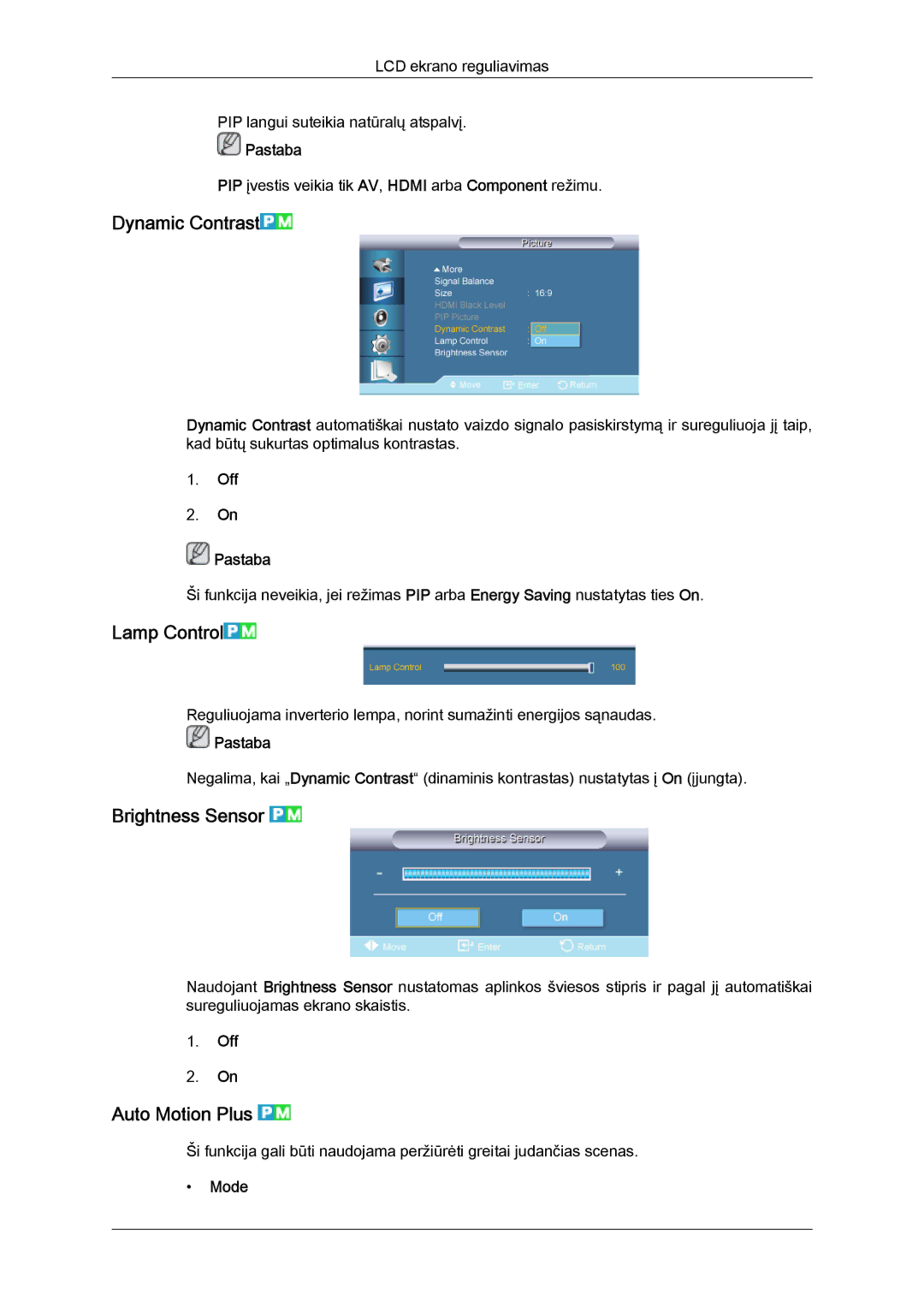 Samsung LH55CSPLBC/EN manual Dynamic Contrast, Lamp Control, Brightness Sensor, Auto Motion Plus, Off Pastaba 