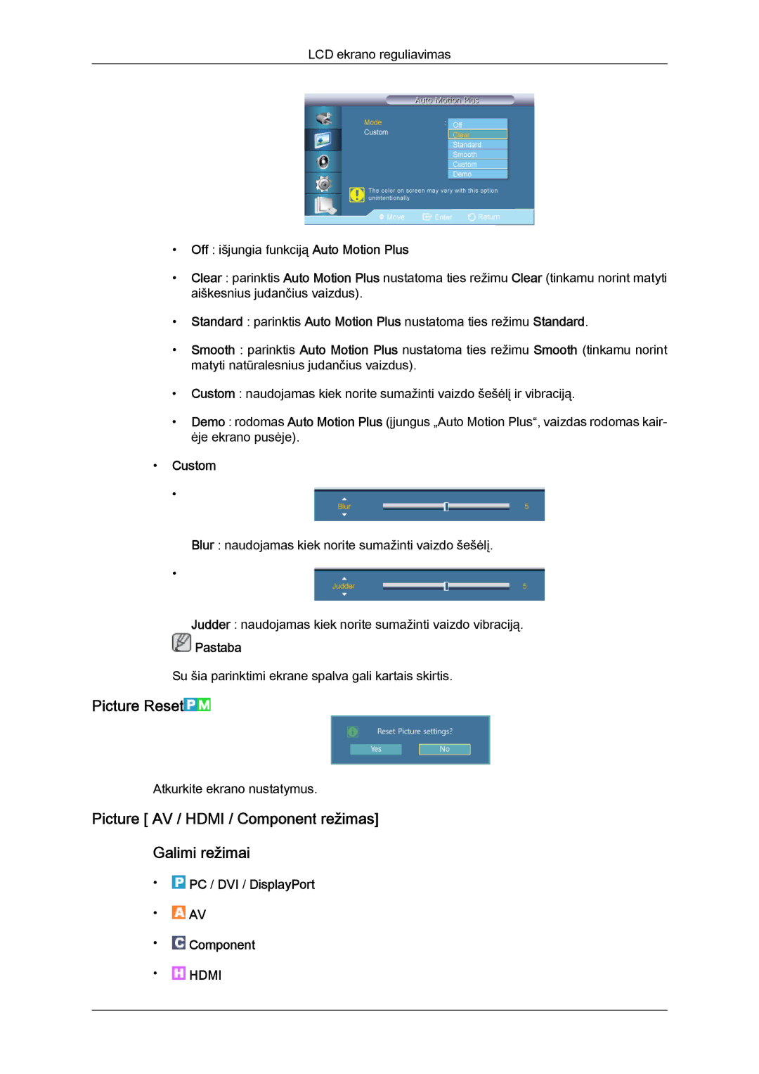 Samsung LH55CSPLBC/EN manual Picture Reset, Picture AV / Hdmi / Component režimas Galimi režimai 