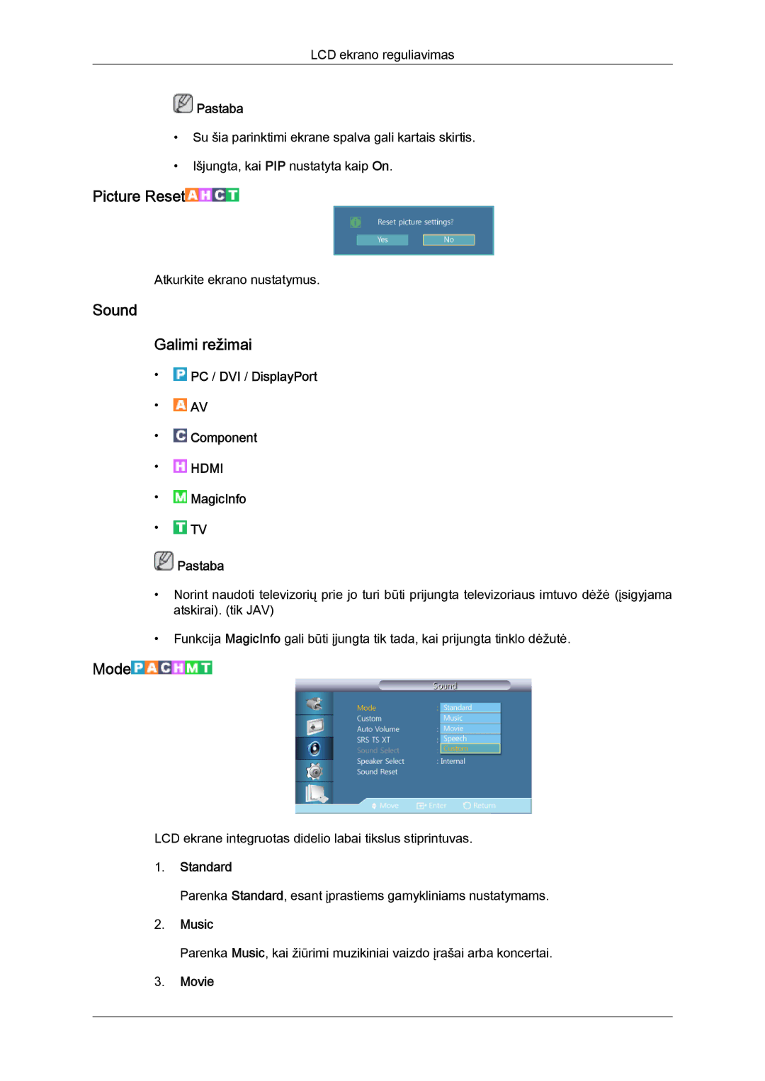 Samsung LH55CSPLBC/EN manual Sound Galimi režimai, Music 