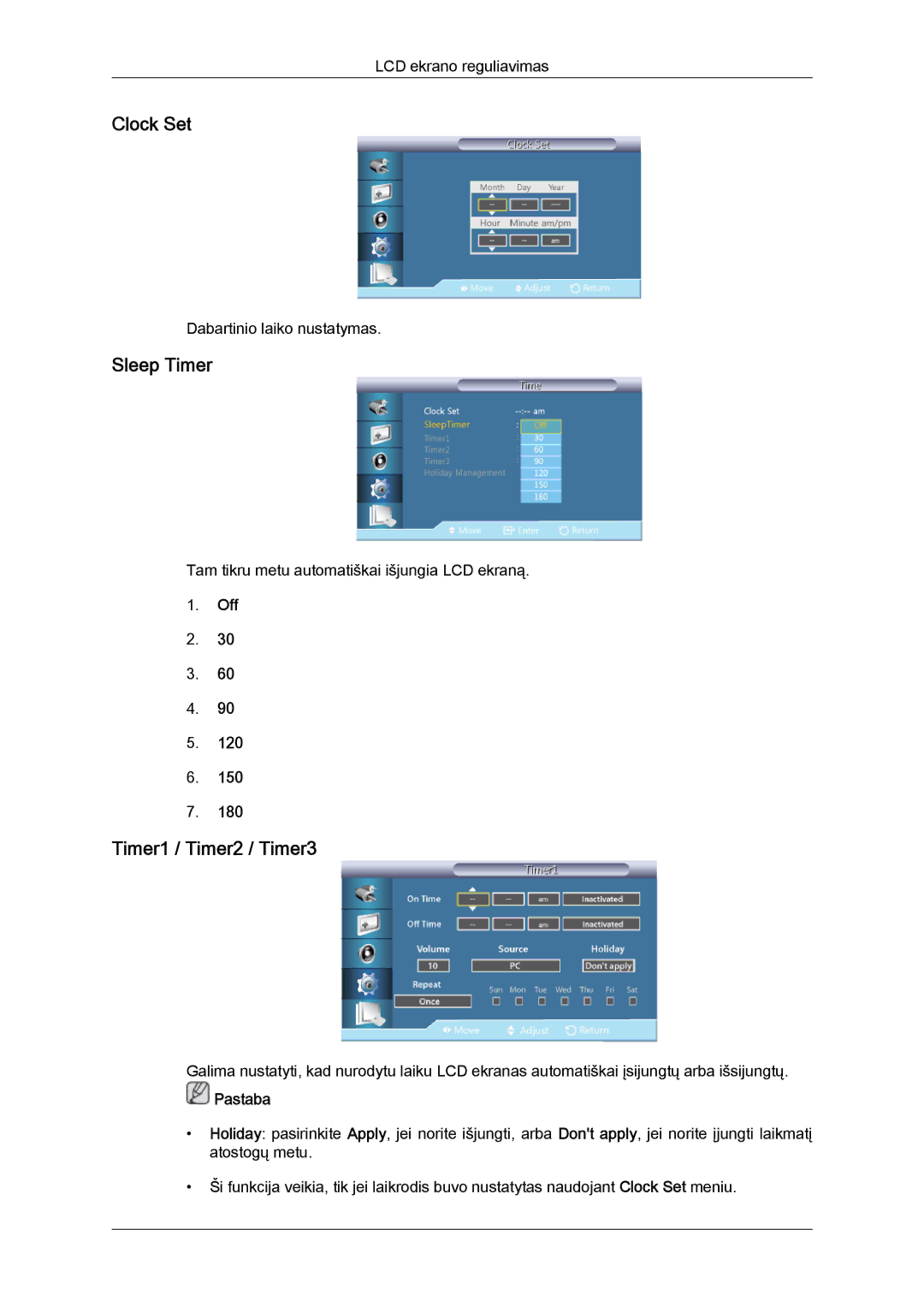 Samsung LH55CSPLBC/EN manual Clock Set, Sleep Timer, Timer1 / Timer2 / Timer3 