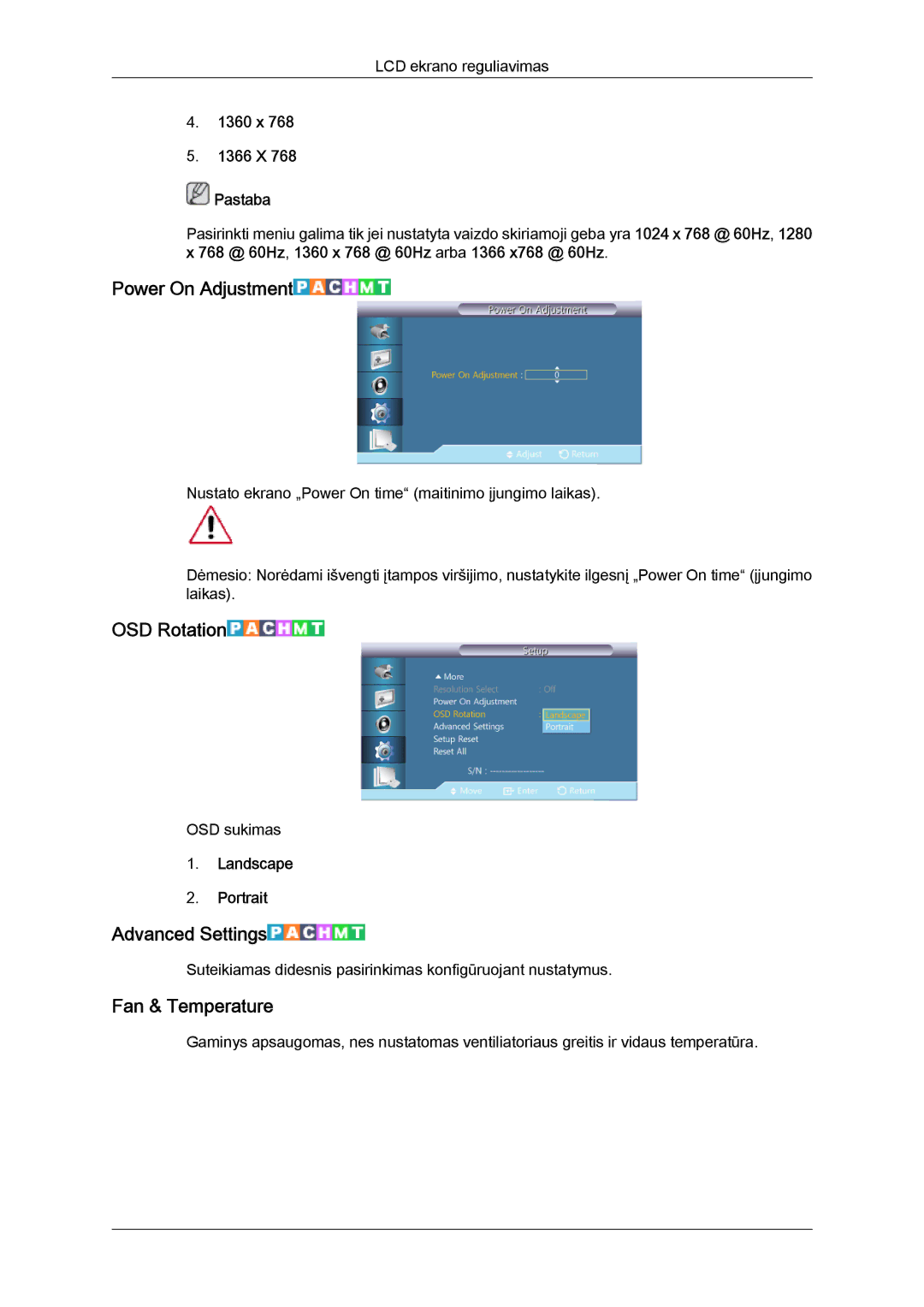 Samsung LH55CSPLBC/EN manual Power On Adjustment, OSD Rotation, Advanced Settings, Fan & Temperature 