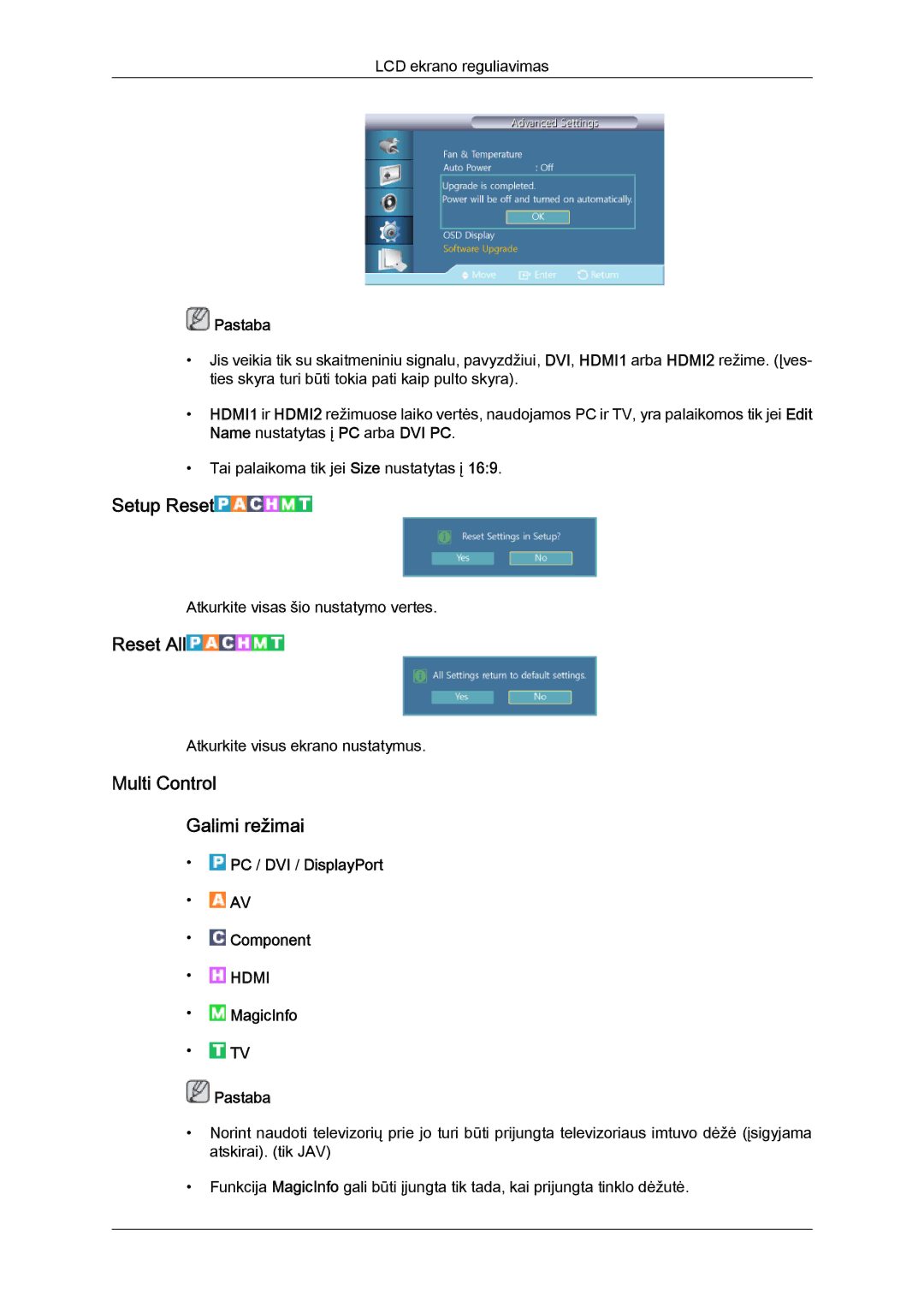 Samsung LH55CSPLBC/EN manual Setup Reset, Reset All, Multi Control Galimi režimai 