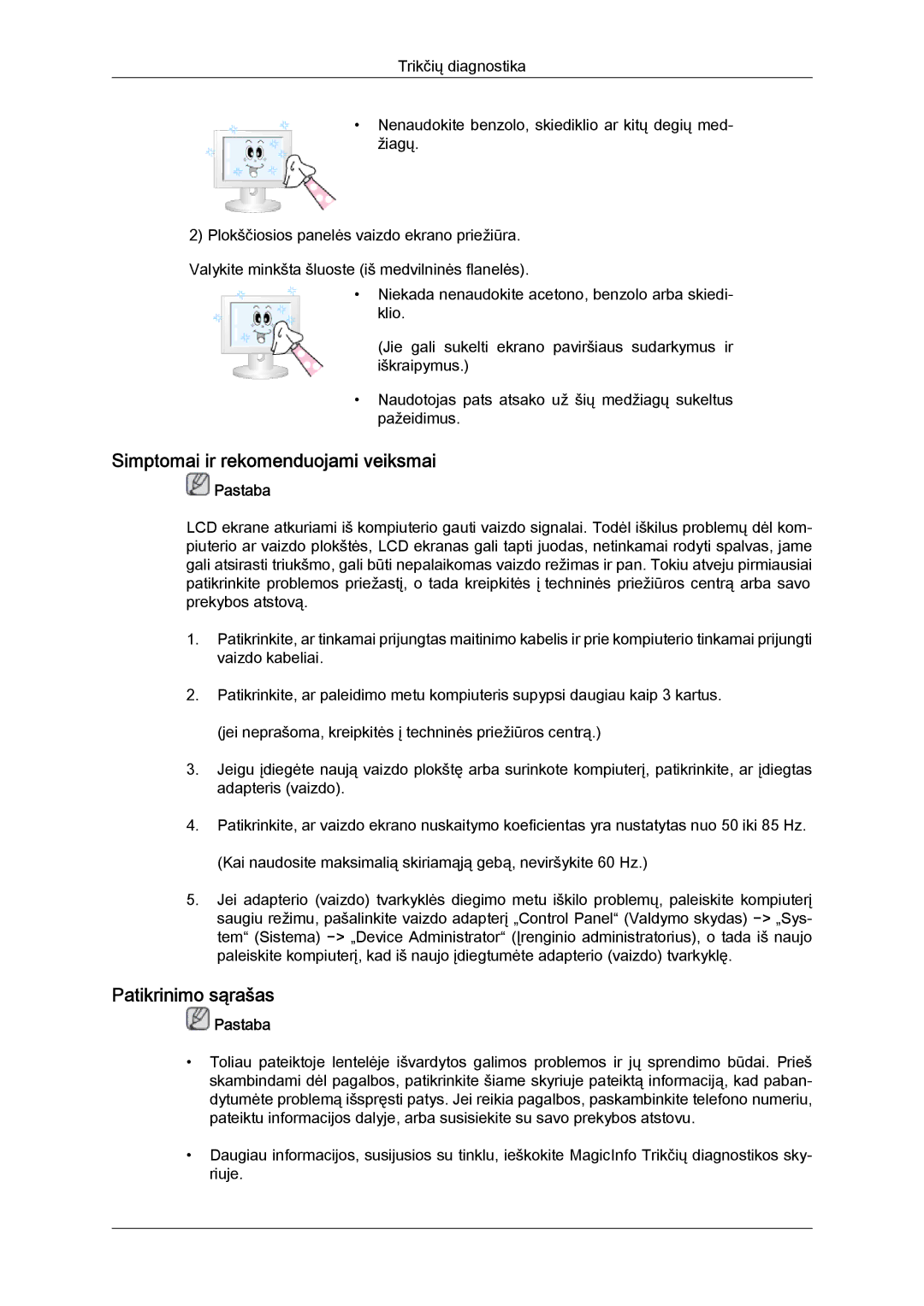 Samsung LH55CSPLBC/EN manual Simptomai ir rekomenduojami veiksmai, Patikrinimo sąrašas 