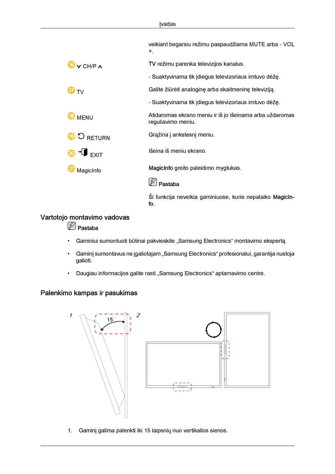 Samsung LH55CSPLBC/EN manual Vartotojo montavimo vadovas, Palenkimo kampas ir pasukimas 