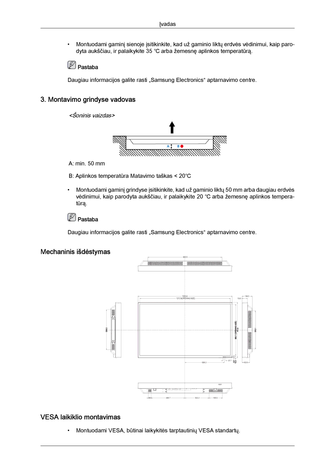 Samsung LH55CSPLBC/EN manual Montavimo grindyse vadovas, Mechaninis išdėstymas Vesa laikiklio montavimas 