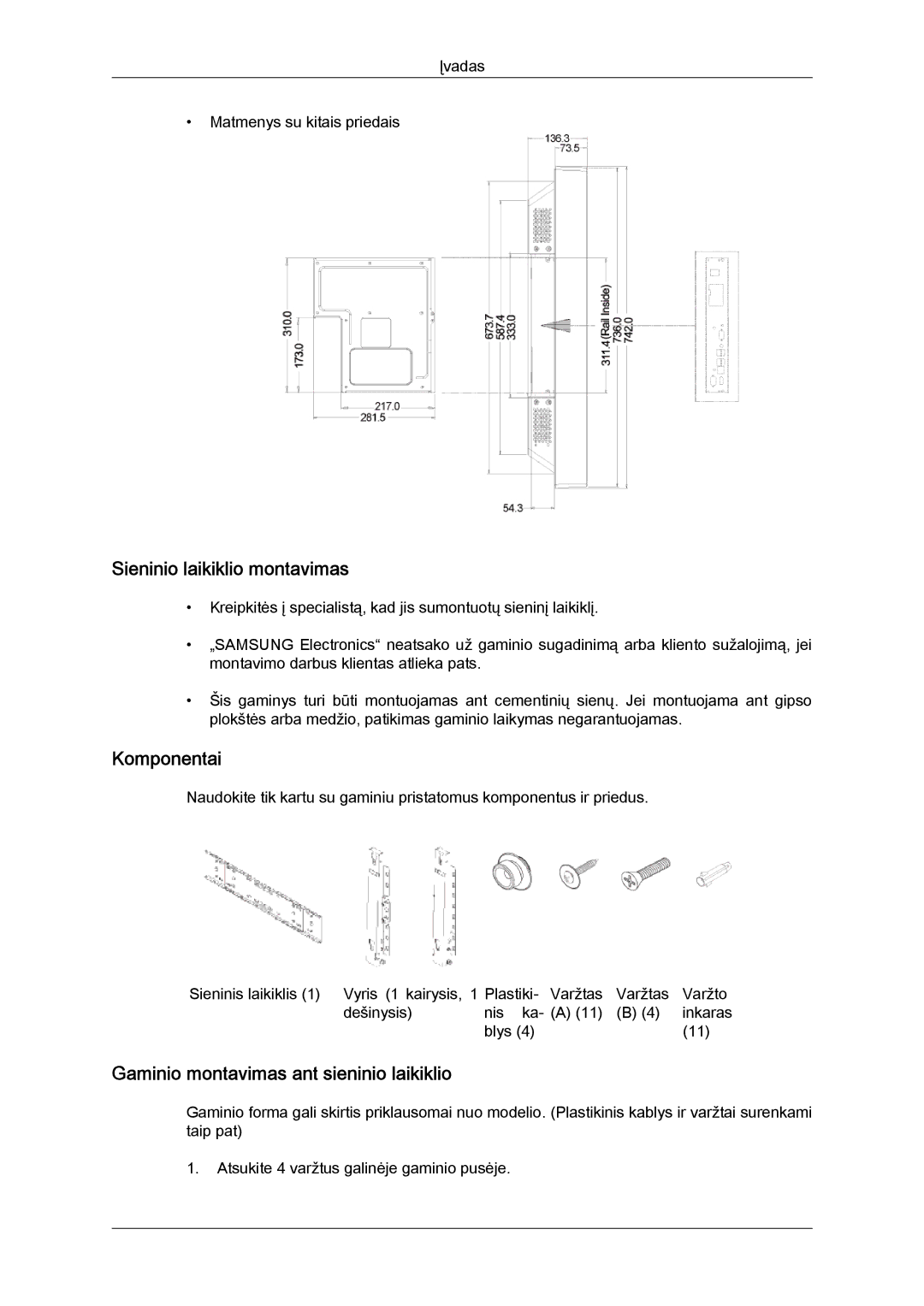 Samsung LH55CSPLBC/EN manual Sieninio laikiklio montavimas, Komponentai, Gaminio montavimas ant sieninio laikiklio 