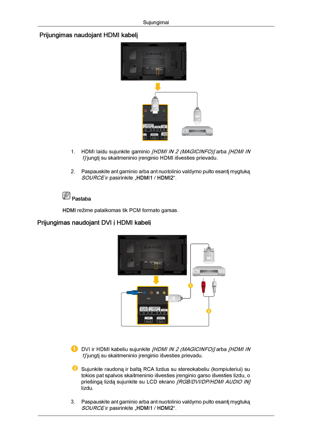 Samsung LH55CSPLBC/EN manual Prijungimas naudojant Hdmi kabelį, Prijungimas naudojant DVI į Hdmi kabelį 