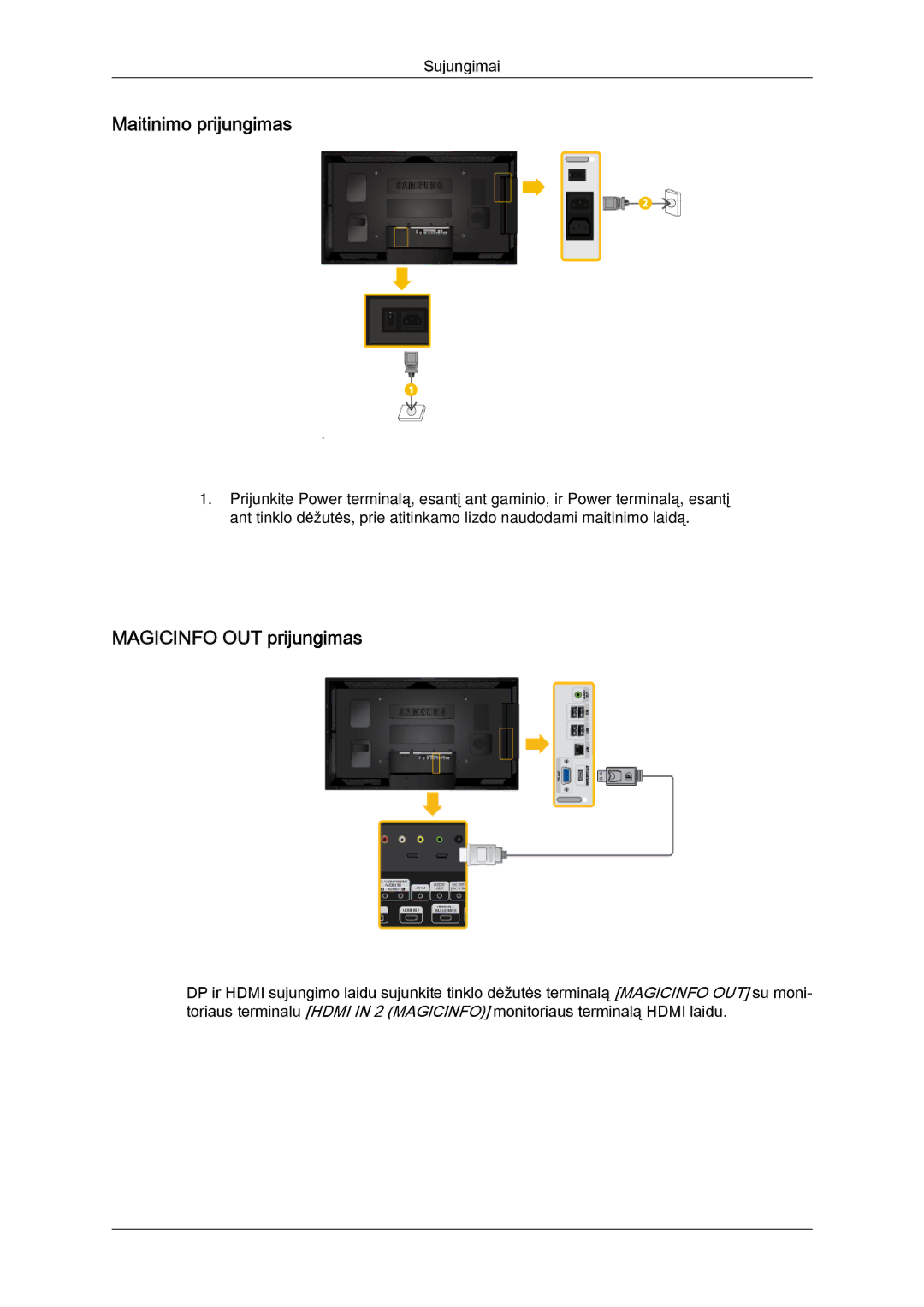 Samsung LH55CSPLBC/EN manual Maitinimo prijungimas, Magicinfo OUT prijungimas 