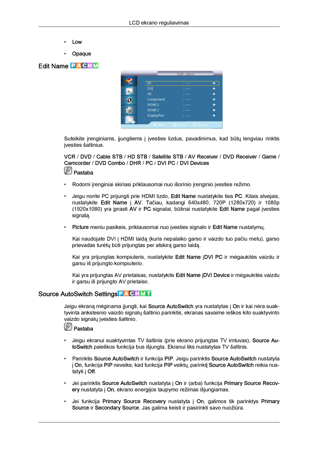 Samsung LH55CSPLBC/EN manual Edit Name, Source AutoSwitch Settings, Low Opaque 
