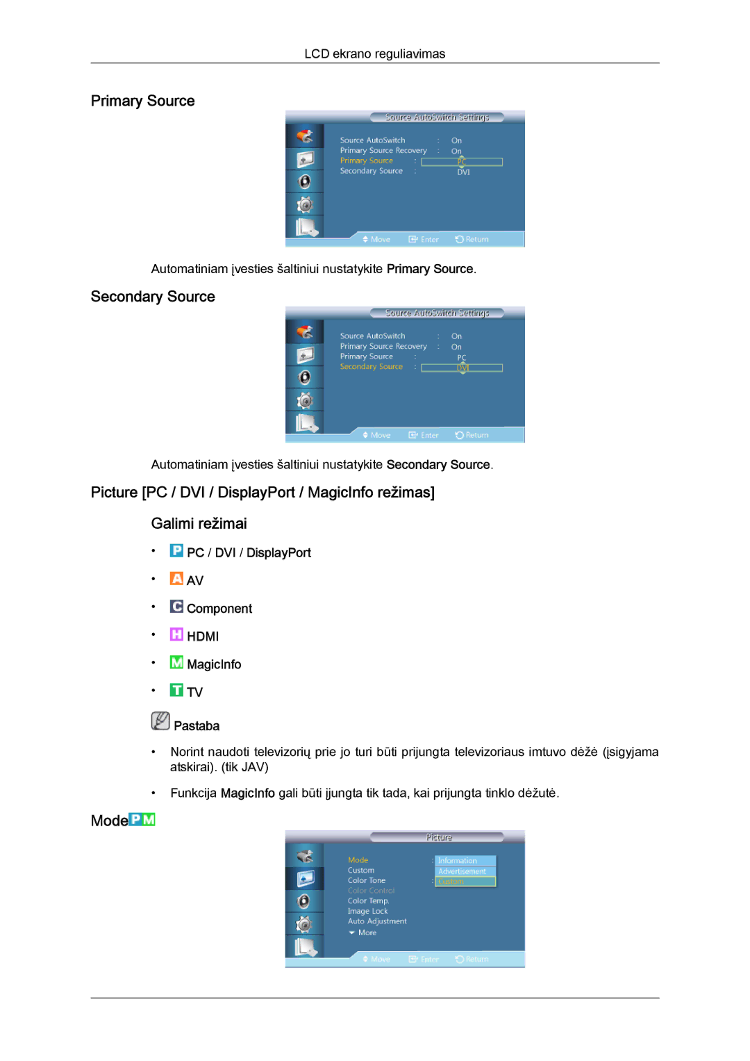 Samsung LH55CSPLBC/EN manual Primary Source, Secondary Source, Mode 