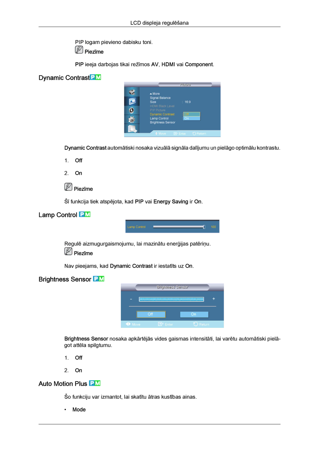 Samsung LH55CSPLBC/EN manual Dynamic Contrast, Lamp Control, Brightness Sensor, Auto Motion Plus, Off Piezīme 