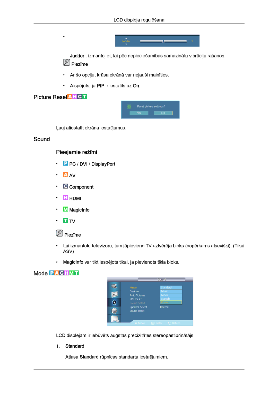 Samsung LH55CSPLBC/EN manual Picture Reset, Sound Pieejamie režīmi 