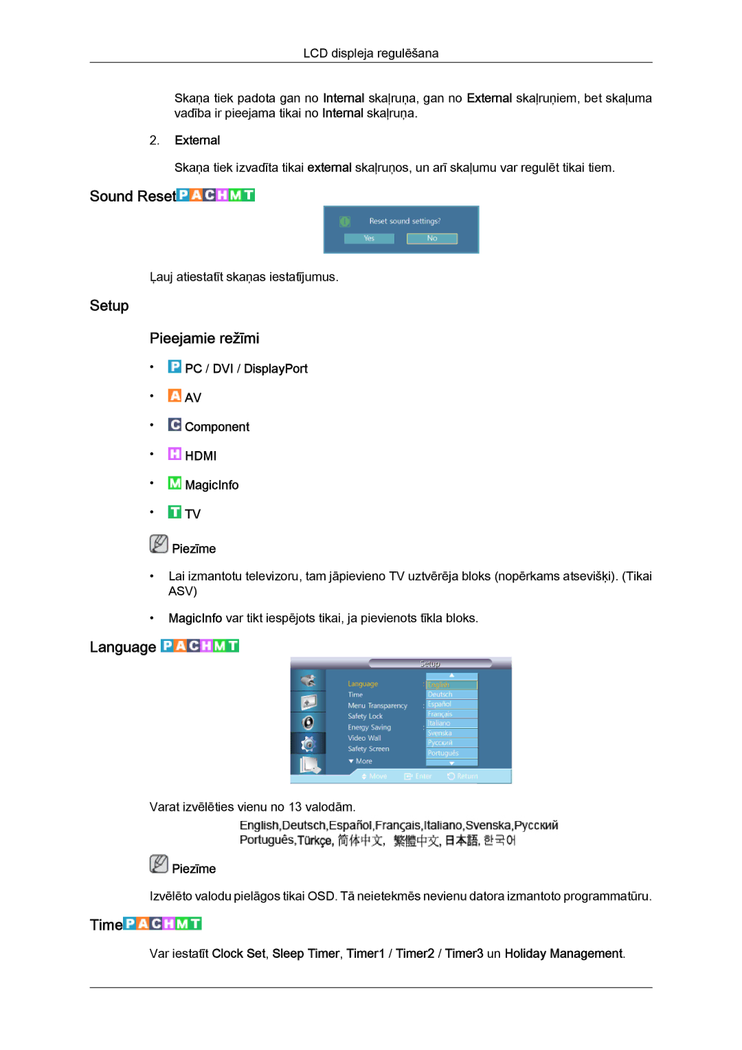 Samsung LH55CSPLBC/EN manual Sound Reset, Setup Pieejamie režīmi, Language, Time, External 