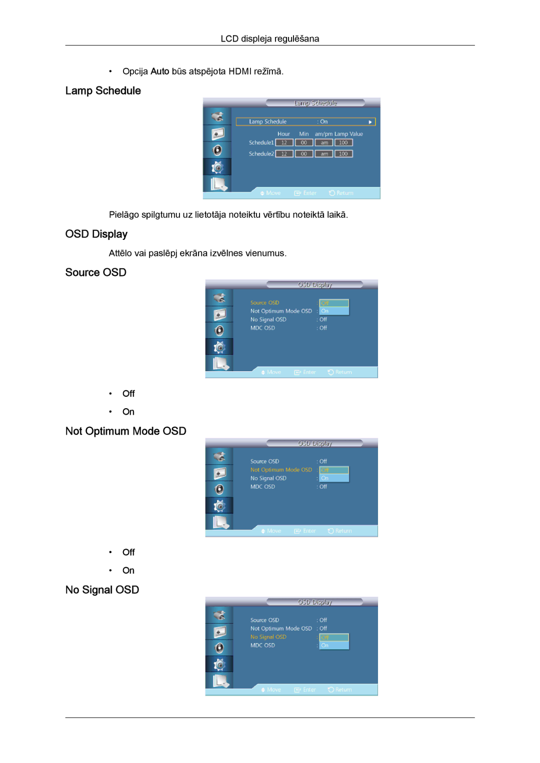 Samsung LH55CSPLBC/EN manual Lamp Schedule, OSD Display, Source OSD, Not Optimum Mode OSD, No Signal OSD 