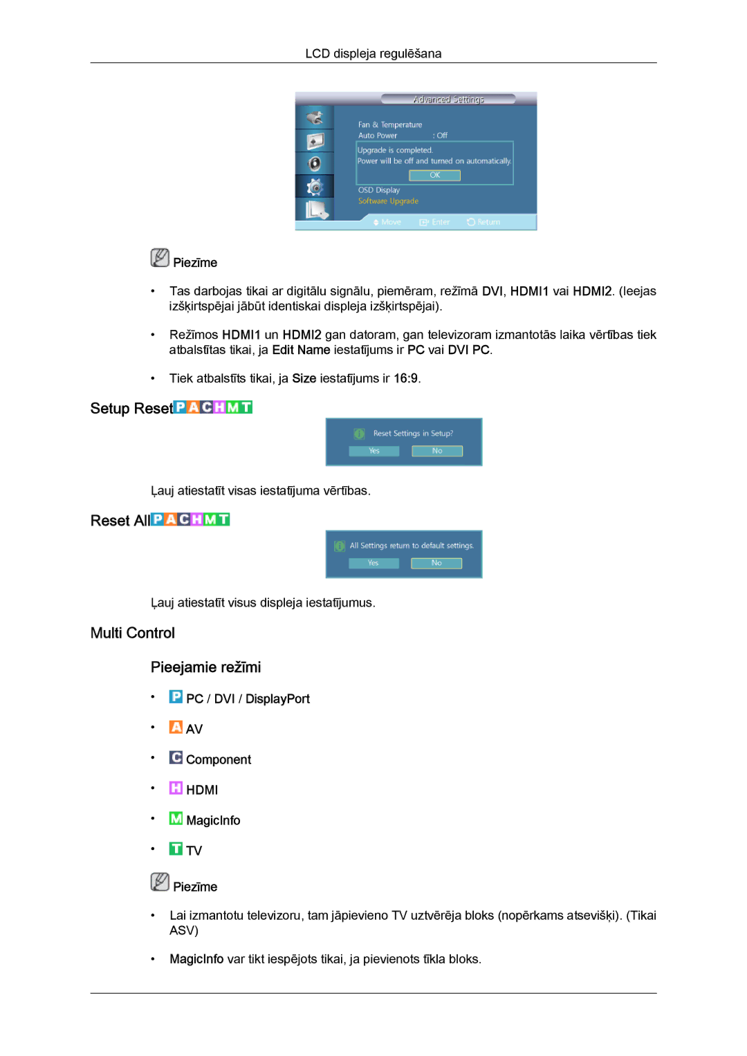 Samsung LH55CSPLBC/EN manual Setup Reset, Reset All, Multi Control Pieejamie režīmi 