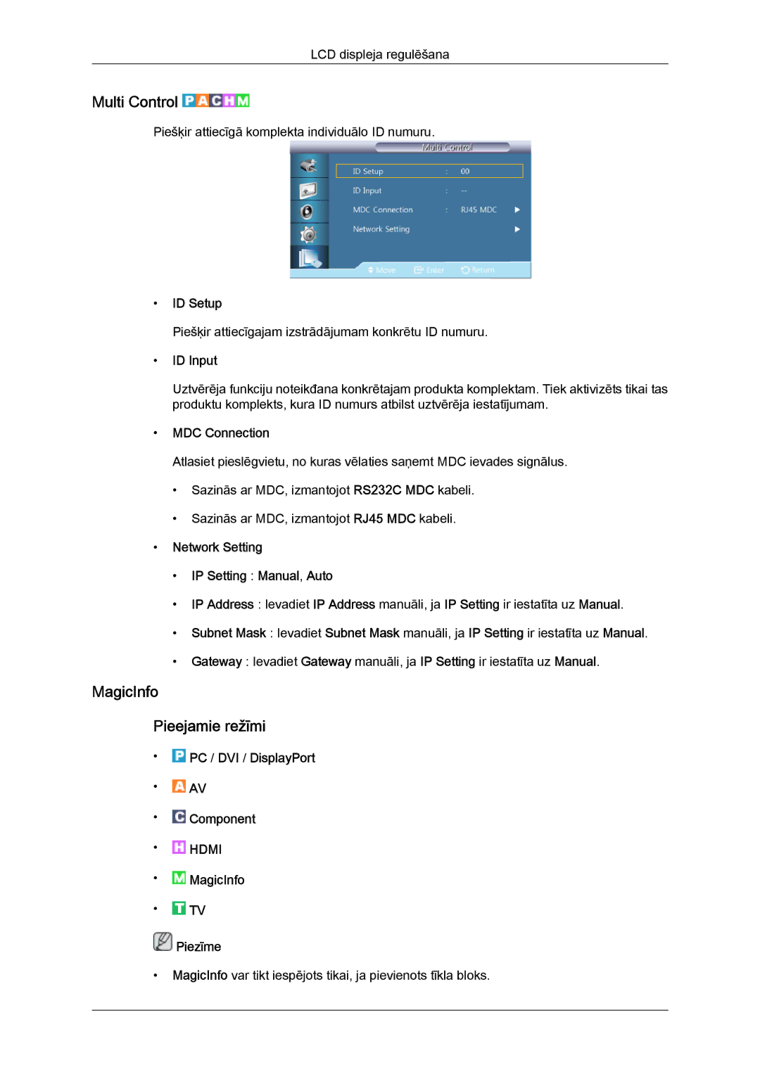 Samsung LH55CSPLBC/EN manual Multi Control, MagicInfo Pieejamie režīmi 