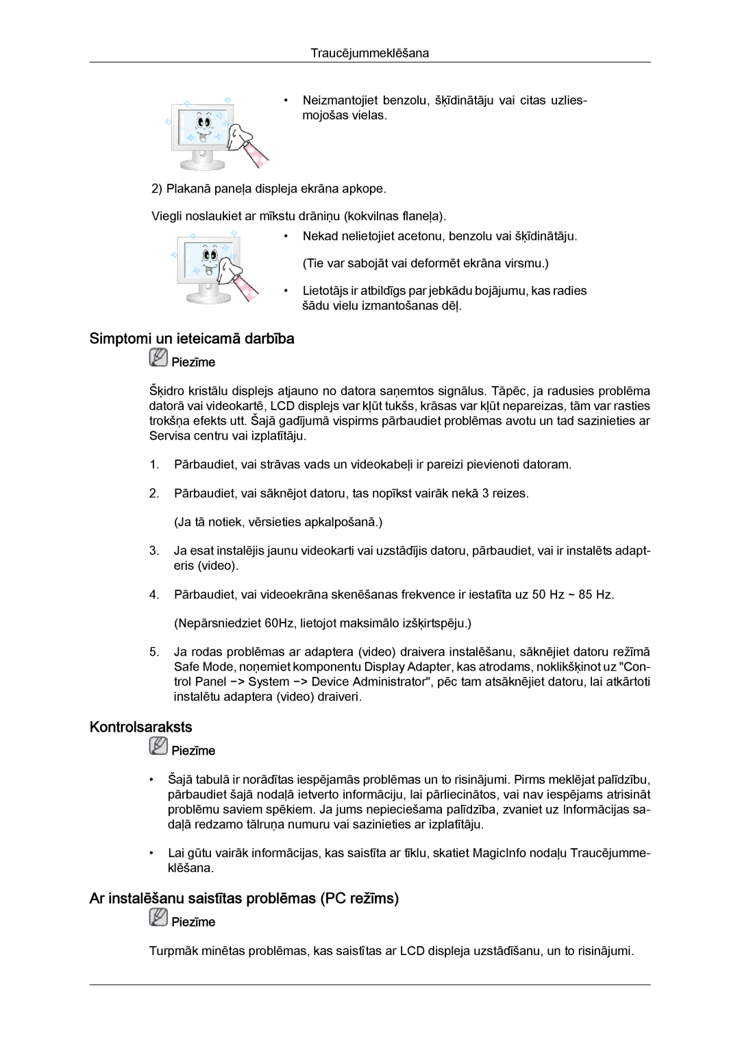 Samsung LH55CSPLBC/EN manual Simptomi un ieteicamā darbība, Kontrolsaraksts, Ar instalēšanu saistītas problēmas PC režīms 