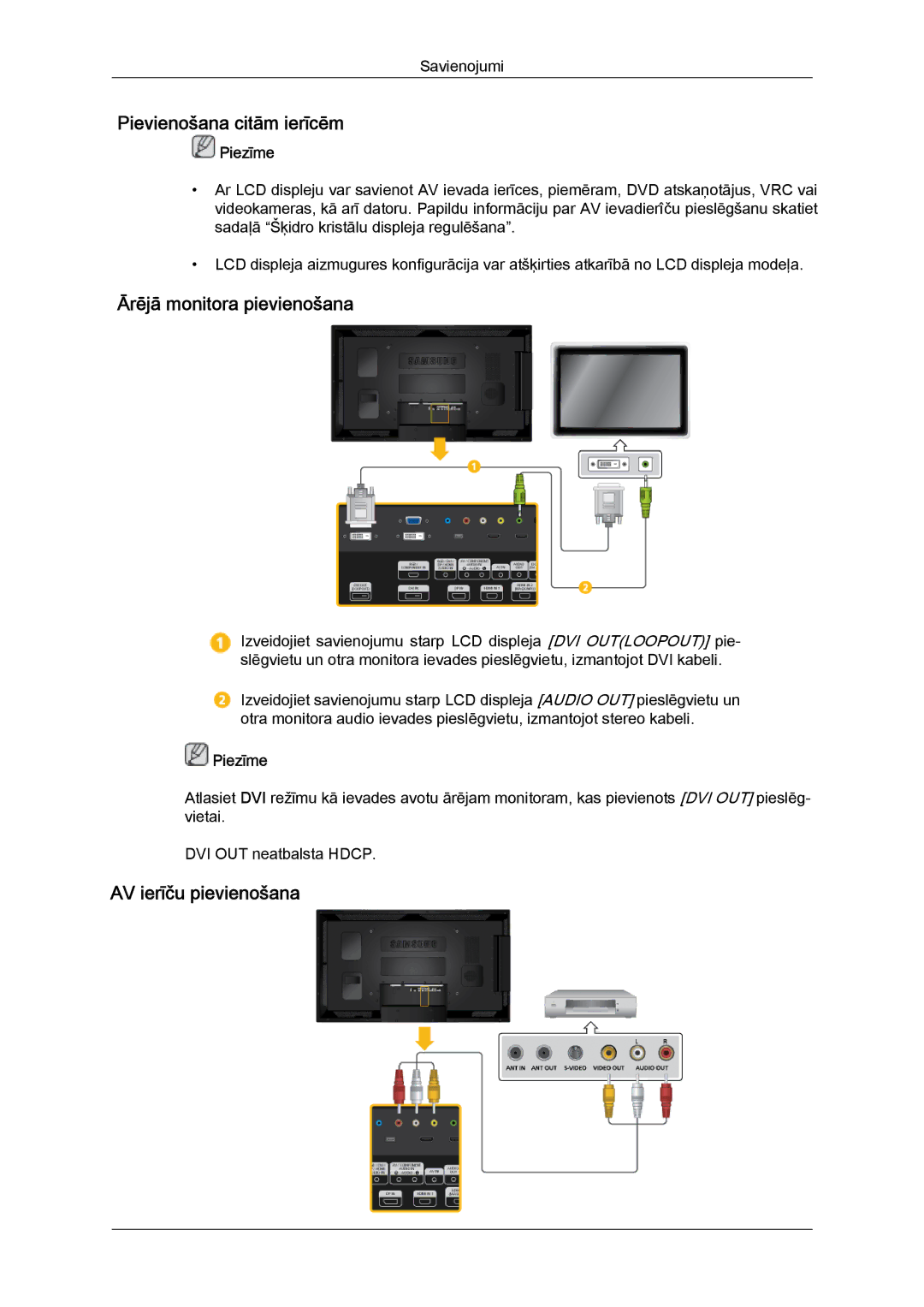 Samsung LH55CSPLBC/EN manual Pievienošana citām ierīcēm, Ārējā monitora pievienošana, AV ierīču pievienošana 