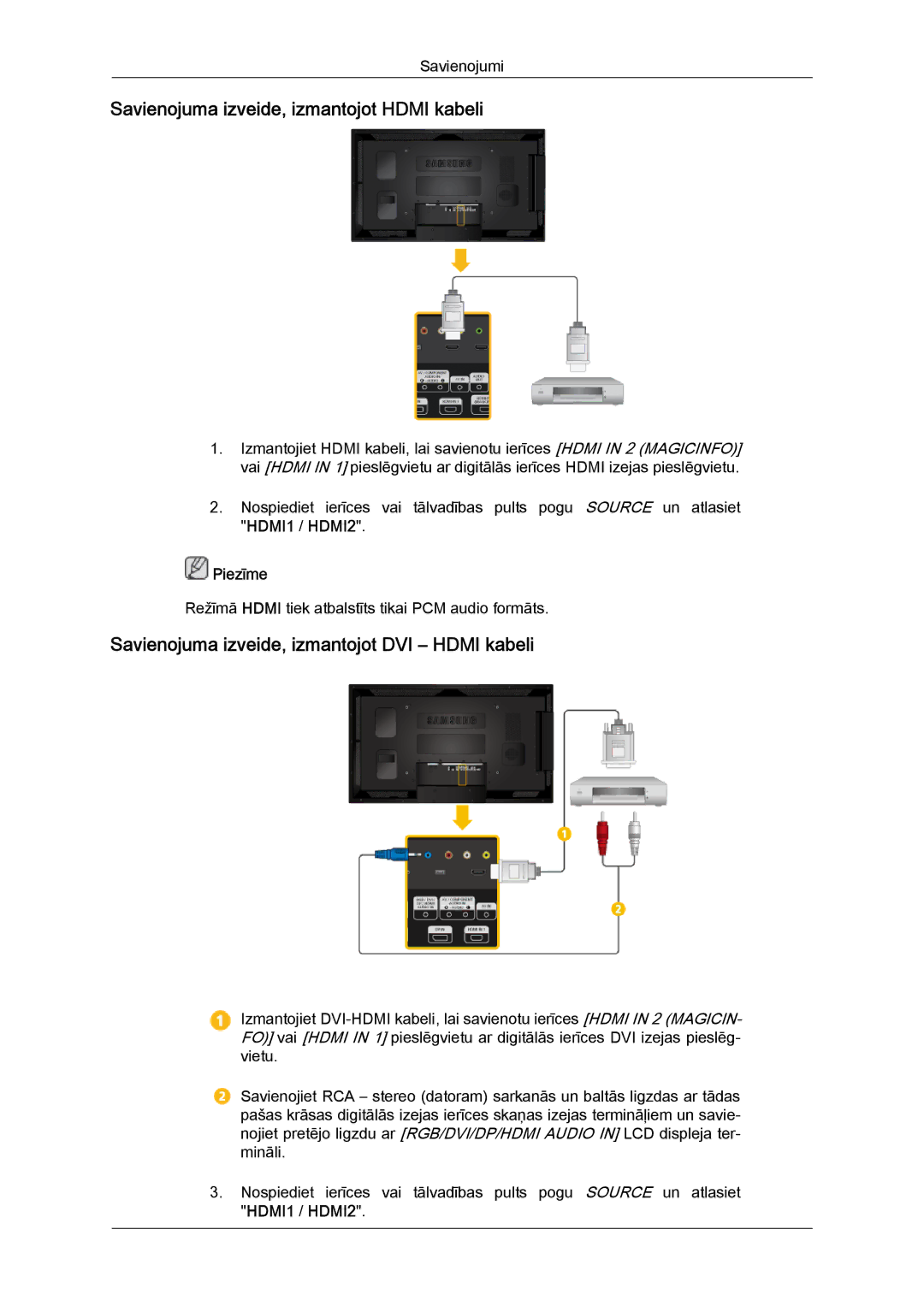 Samsung LH55CSPLBC/EN manual Savienojuma izveide, izmantojot Hdmi kabeli, Savienojuma izveide, izmantojot DVI Hdmi kabeli 