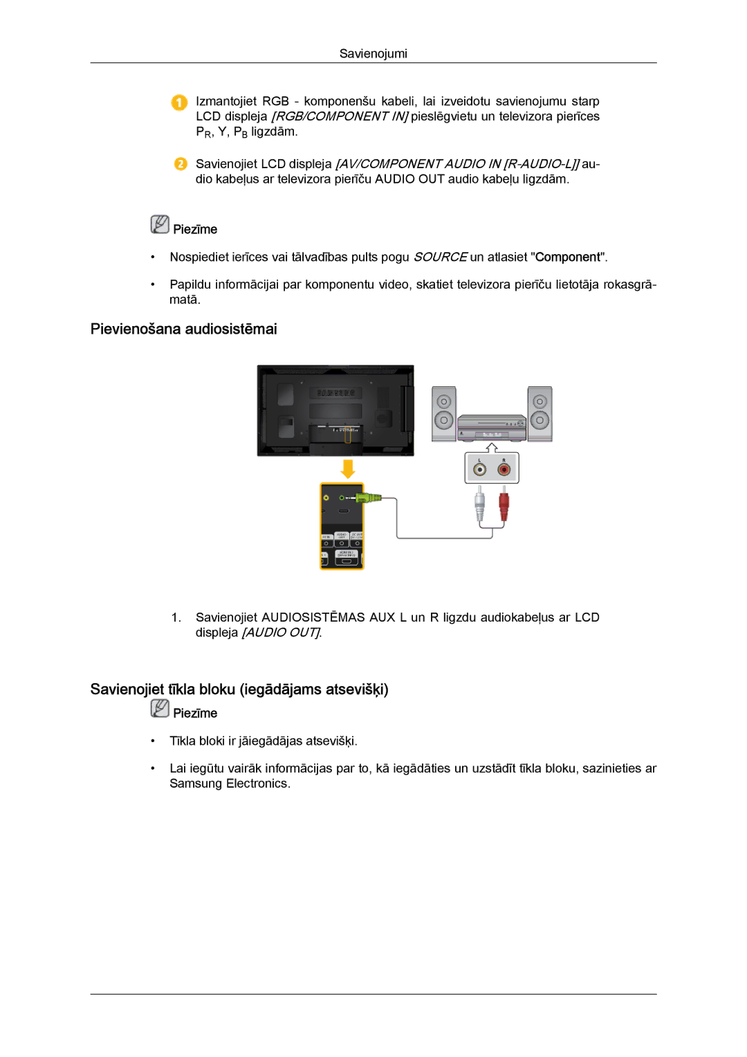 Samsung LH55CSPLBC/EN manual Pievienošana audiosistēmai, Savienojiet tīkla bloku iegādājams atsevišķi 