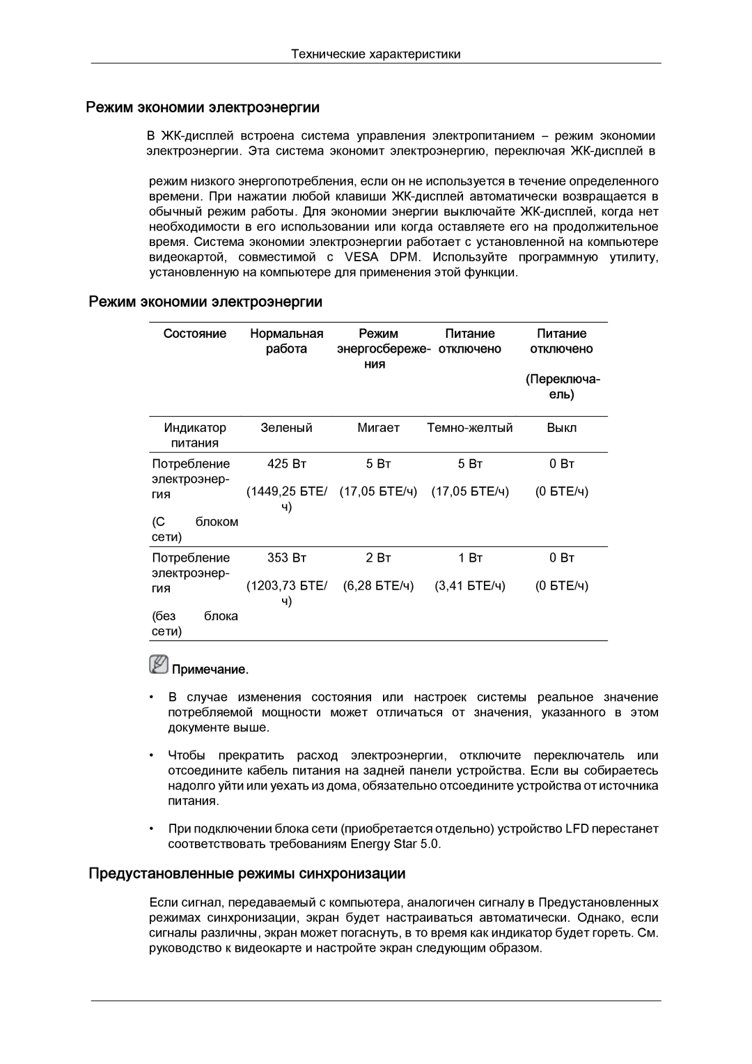 Samsung LH55CSPLBC/EN manual Режим экономии электроэнергии, Предустановленные режимы синхронизации 