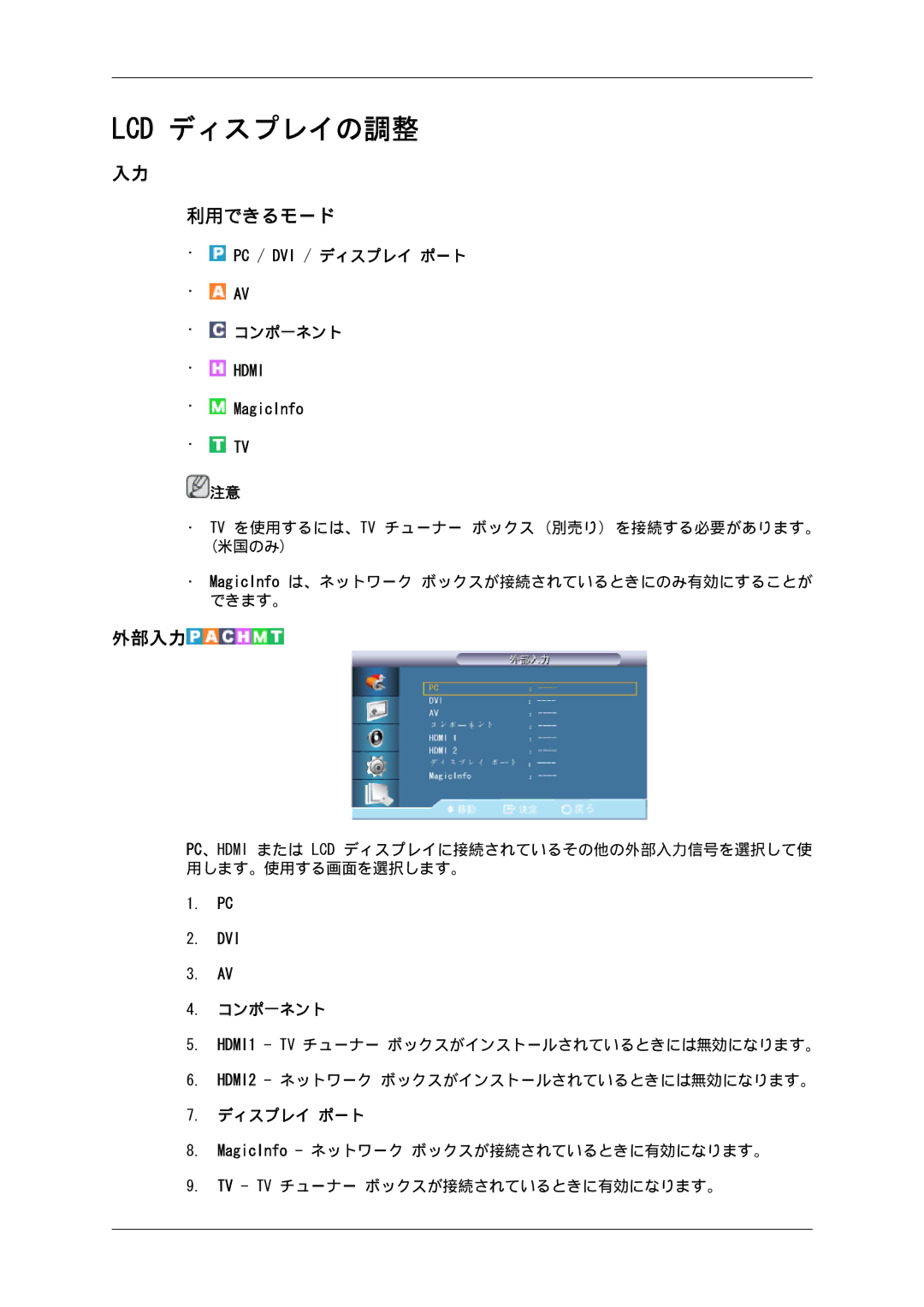 Samsung LH55CSPLBC/XJ manual Lcd ディスプレイの調整, 外部入力 