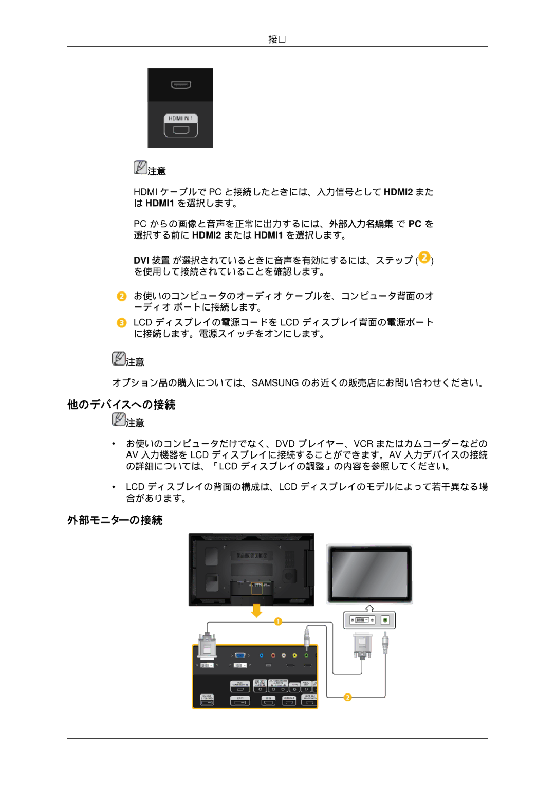 Samsung LH55CSPLBC/XJ manual 他のデバイスへの接続, 外部モニターの接続 