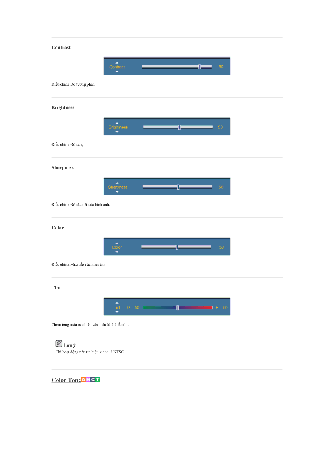 Samsung LH55CSPLBC/XY manual Contrast, Brightness, Sharpness, Color, Tint 