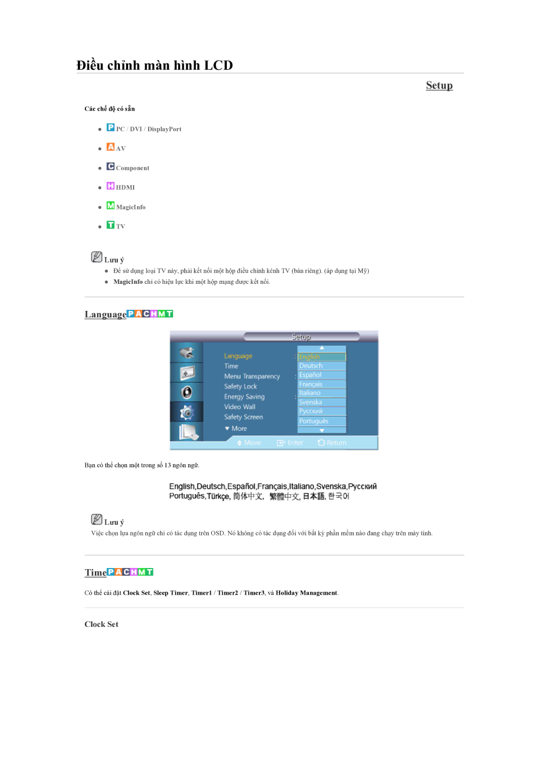 Samsung LH55CSPLBC/XY manual Setup, Language, Time, Clock Set 