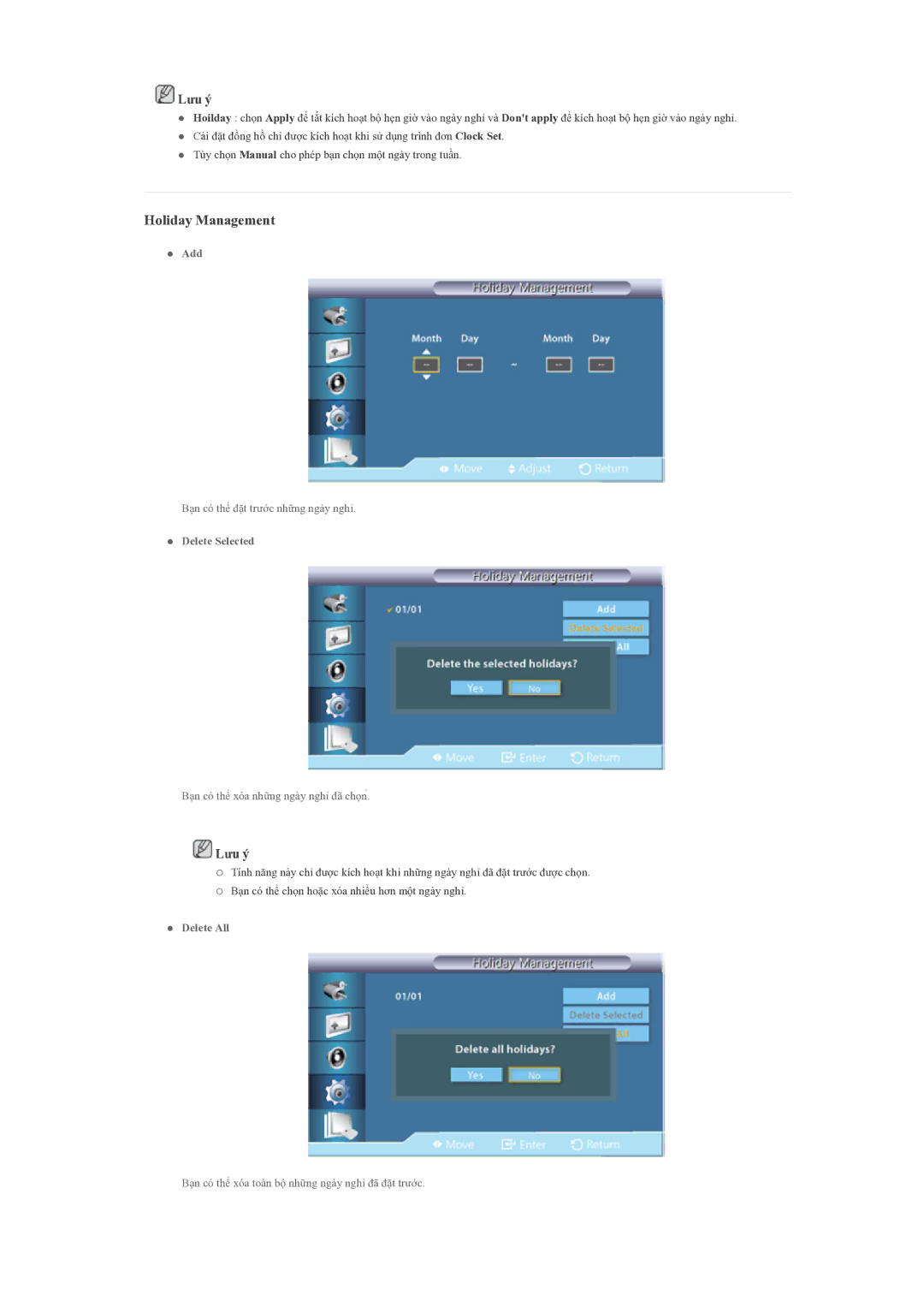 Samsung LH55CSPLBC/XY manual Holiday Management 