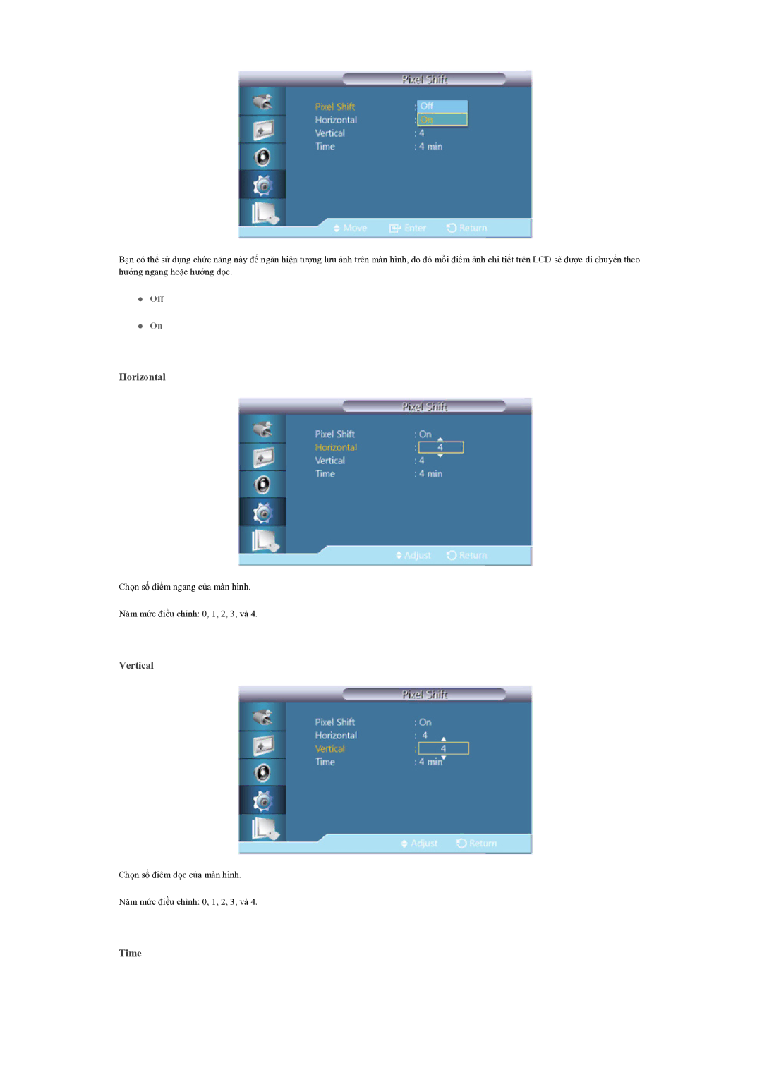 Samsung LH55CSPLBC/XY manual Horizontal, Vertical, Time 