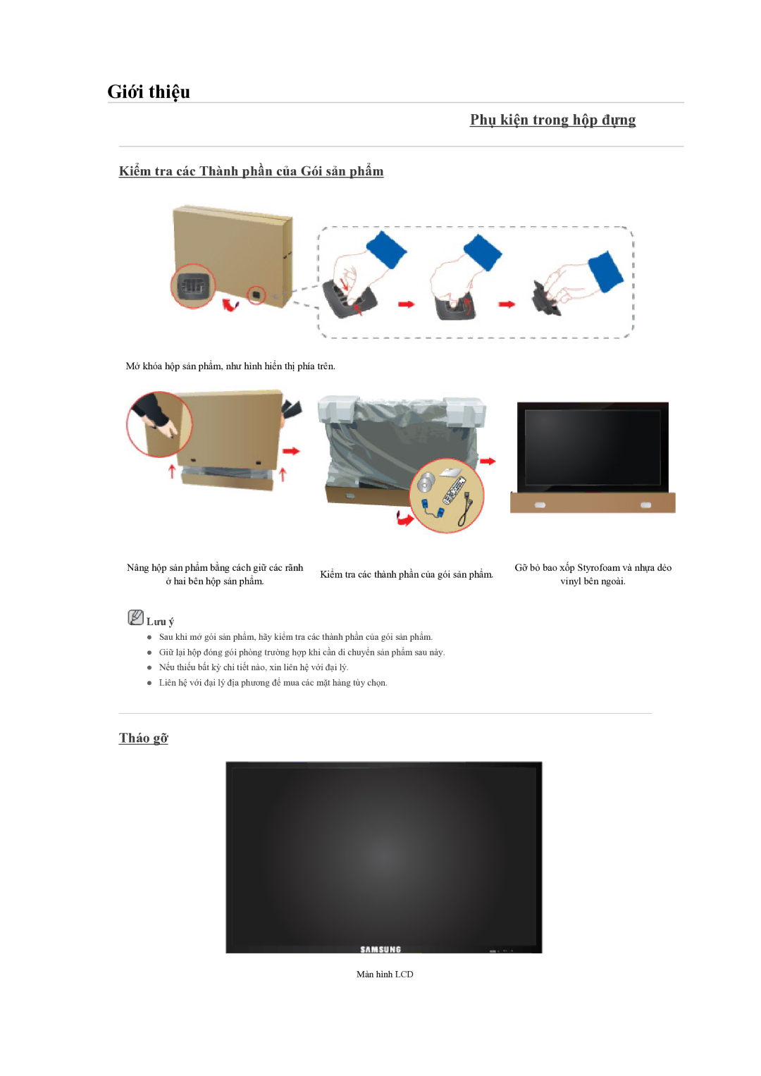 Samsung LH55CSPLBC/XY manual Phụ kiện trong hộp đựng, Kiểm tra các Thành phần của Gói sản phẩm, Tháo gỡ 